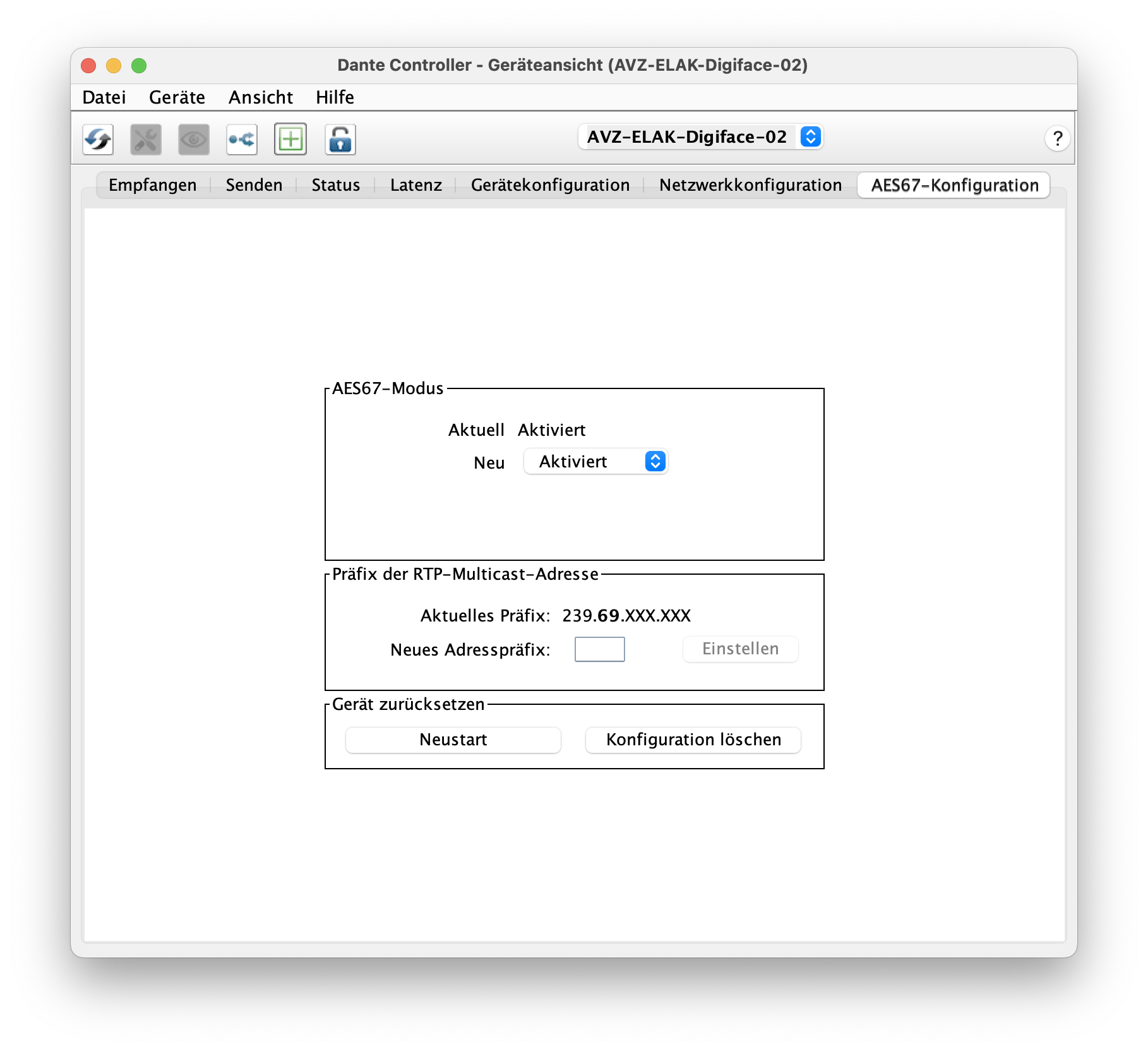 Dante controller AES67 settings