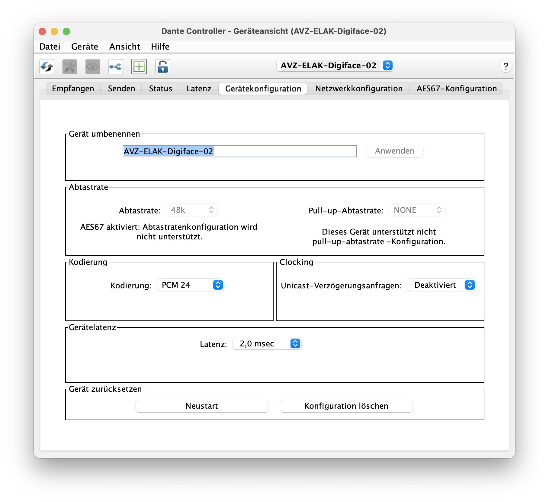 Dante controller device settings