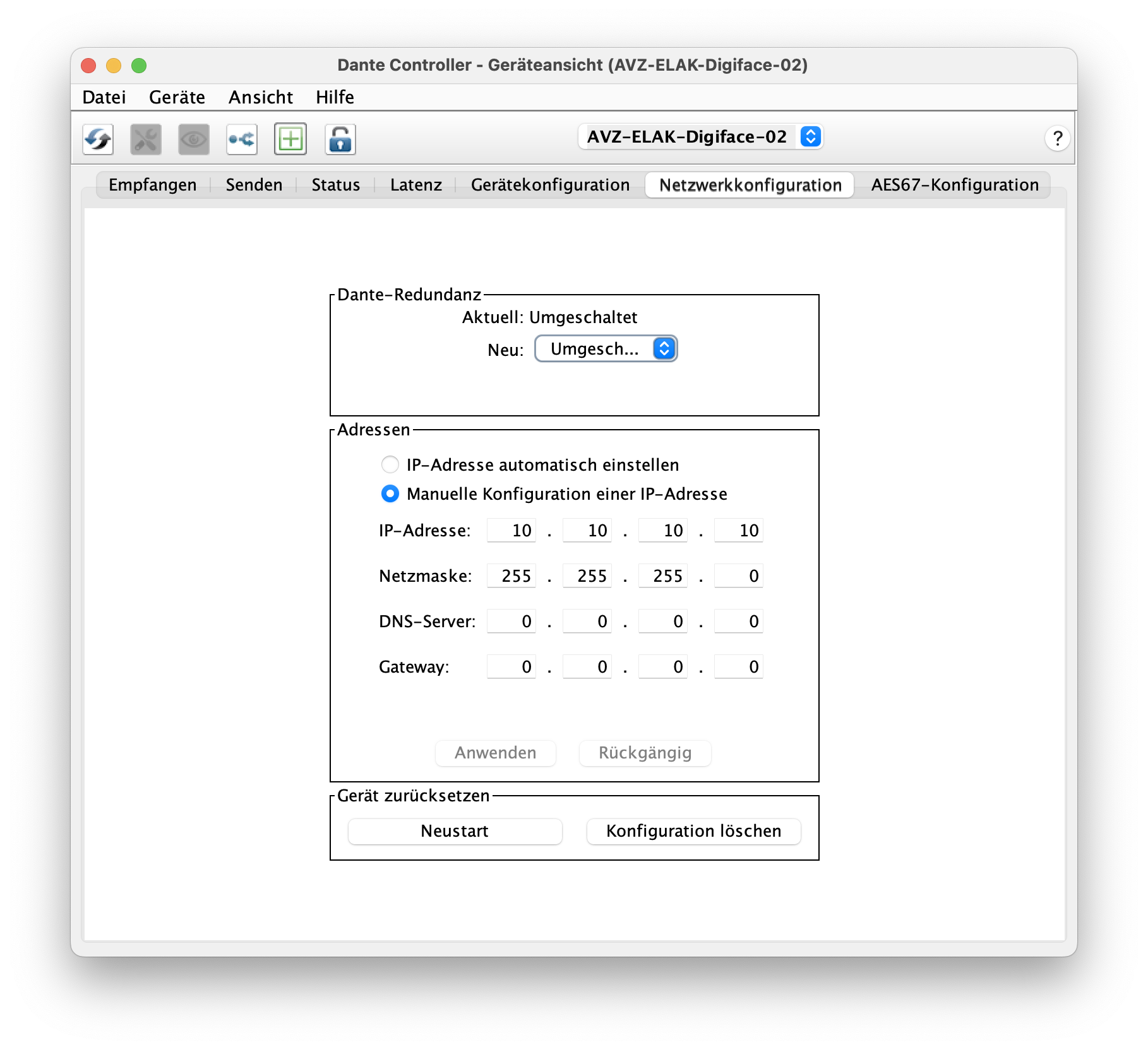 Dante controller network settings