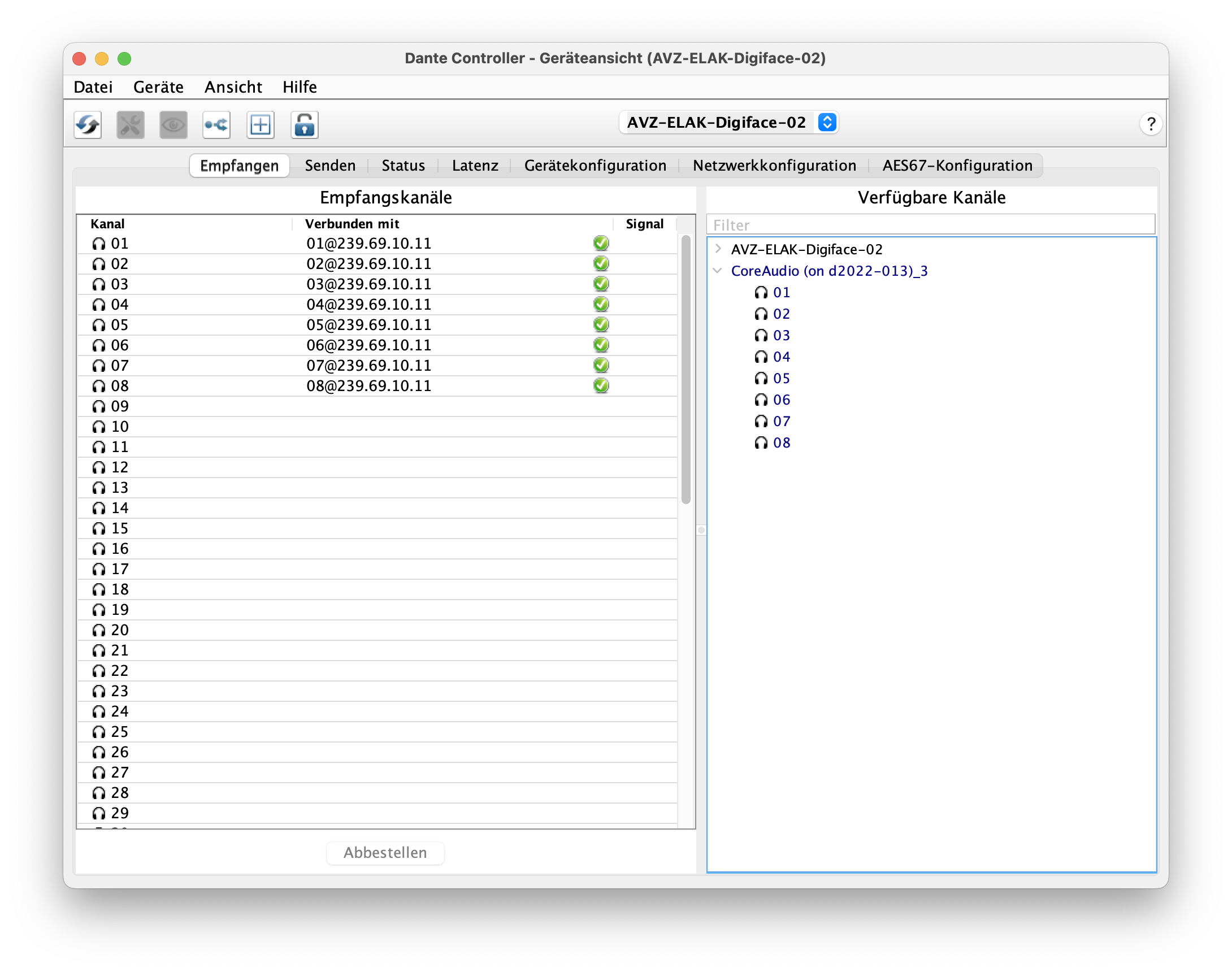 Dante receive configuration
