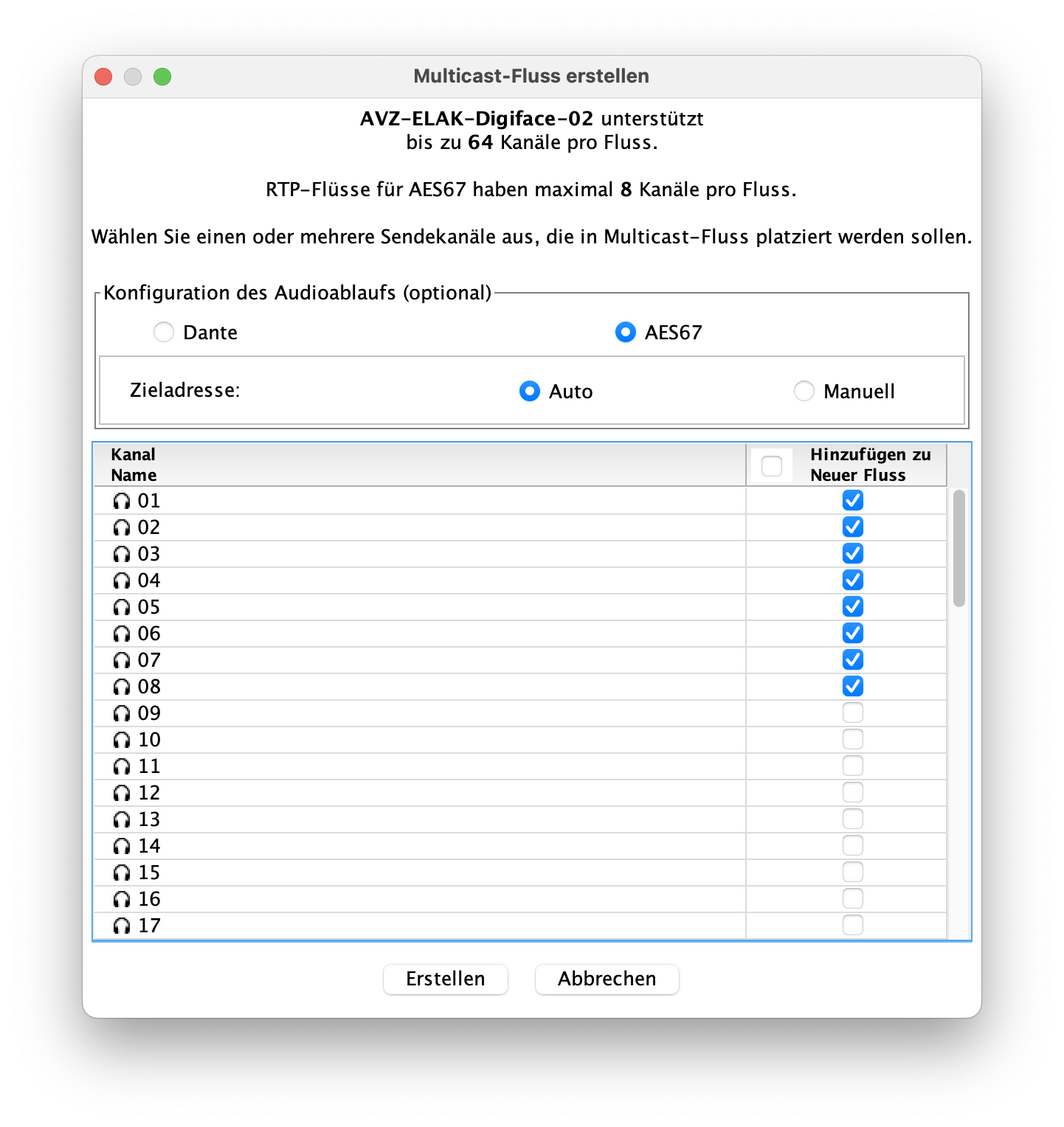 Dante send configuration