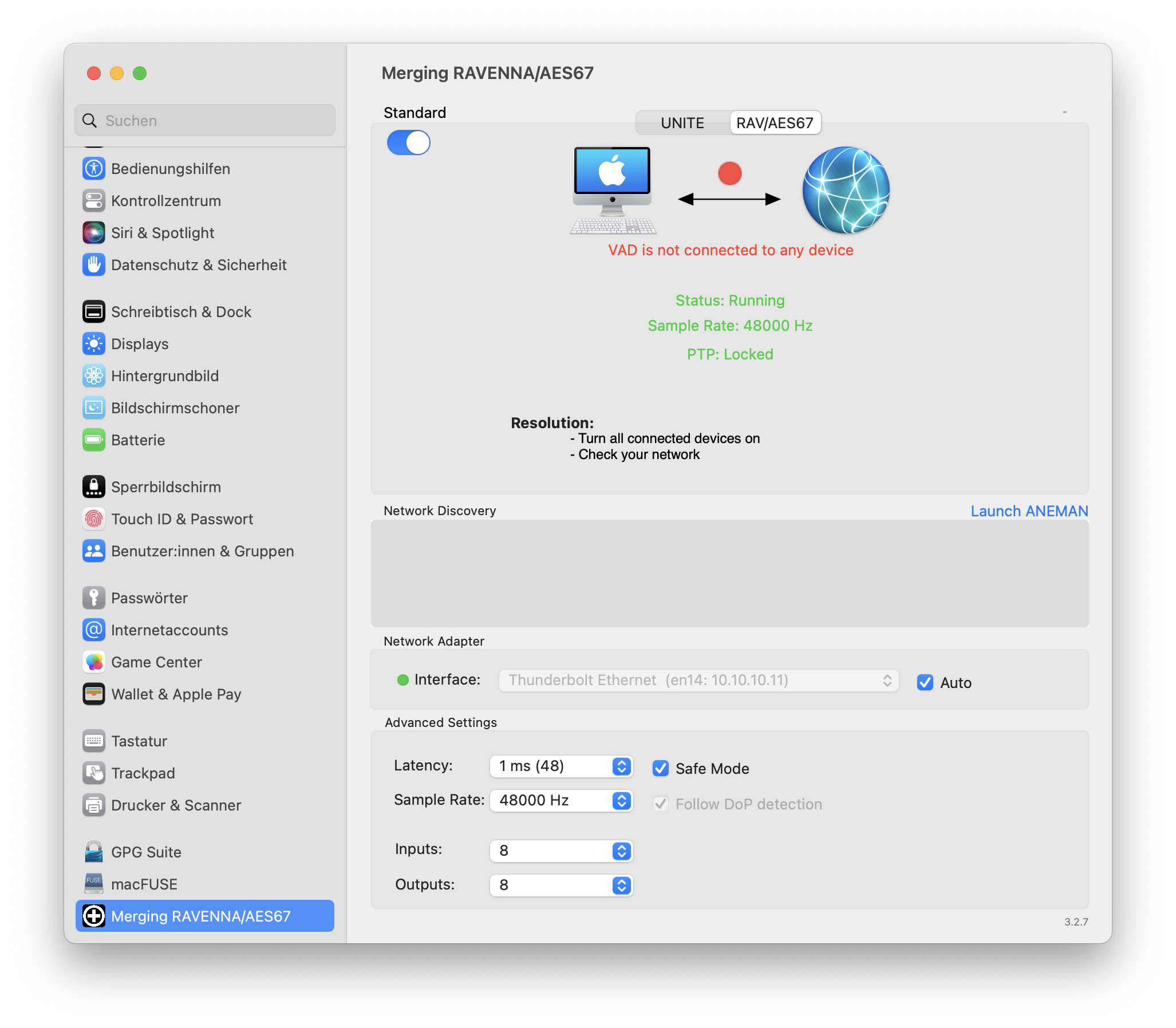 Merging AES67 VAD settings
