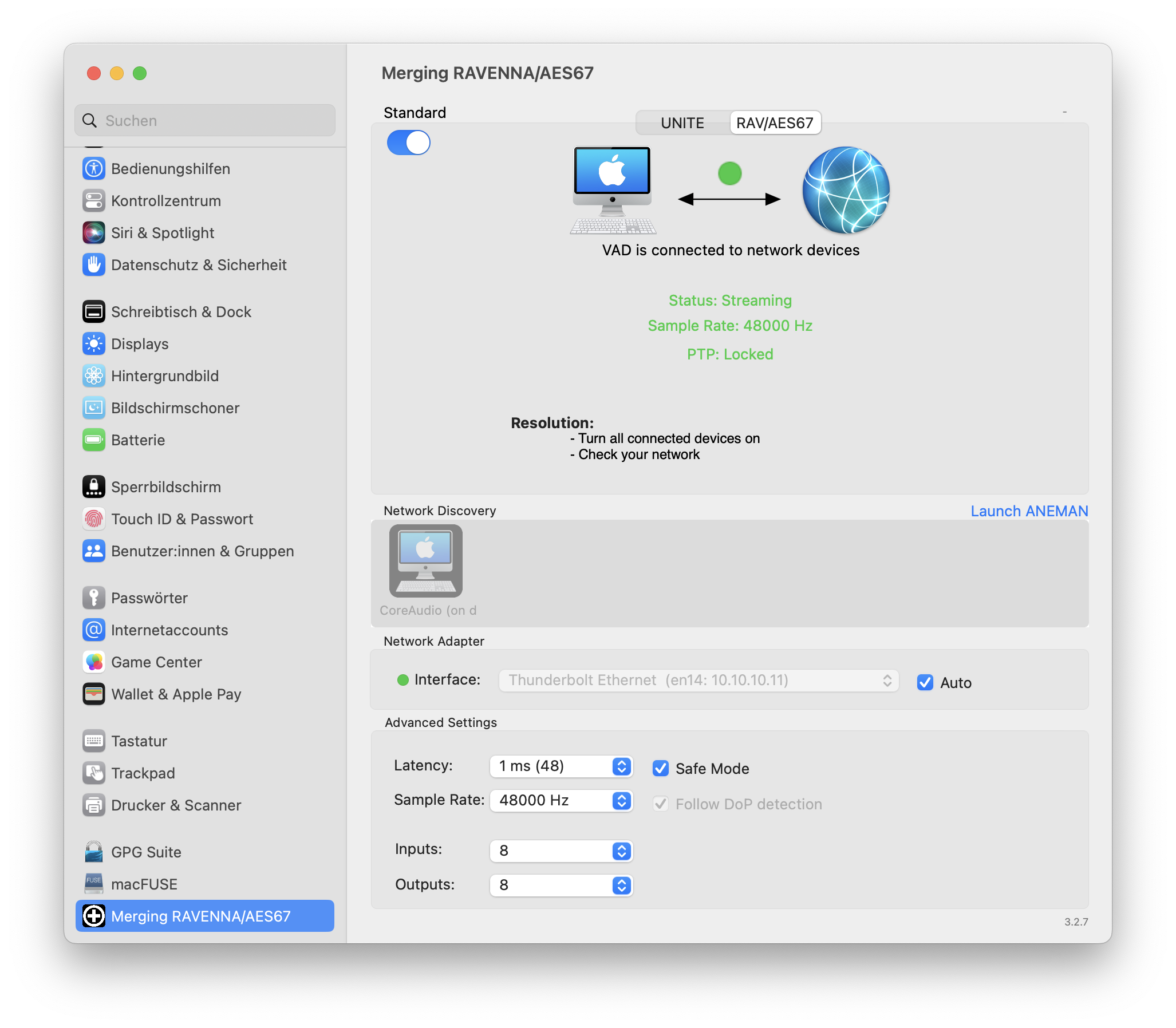 Merging AES67 connection OK