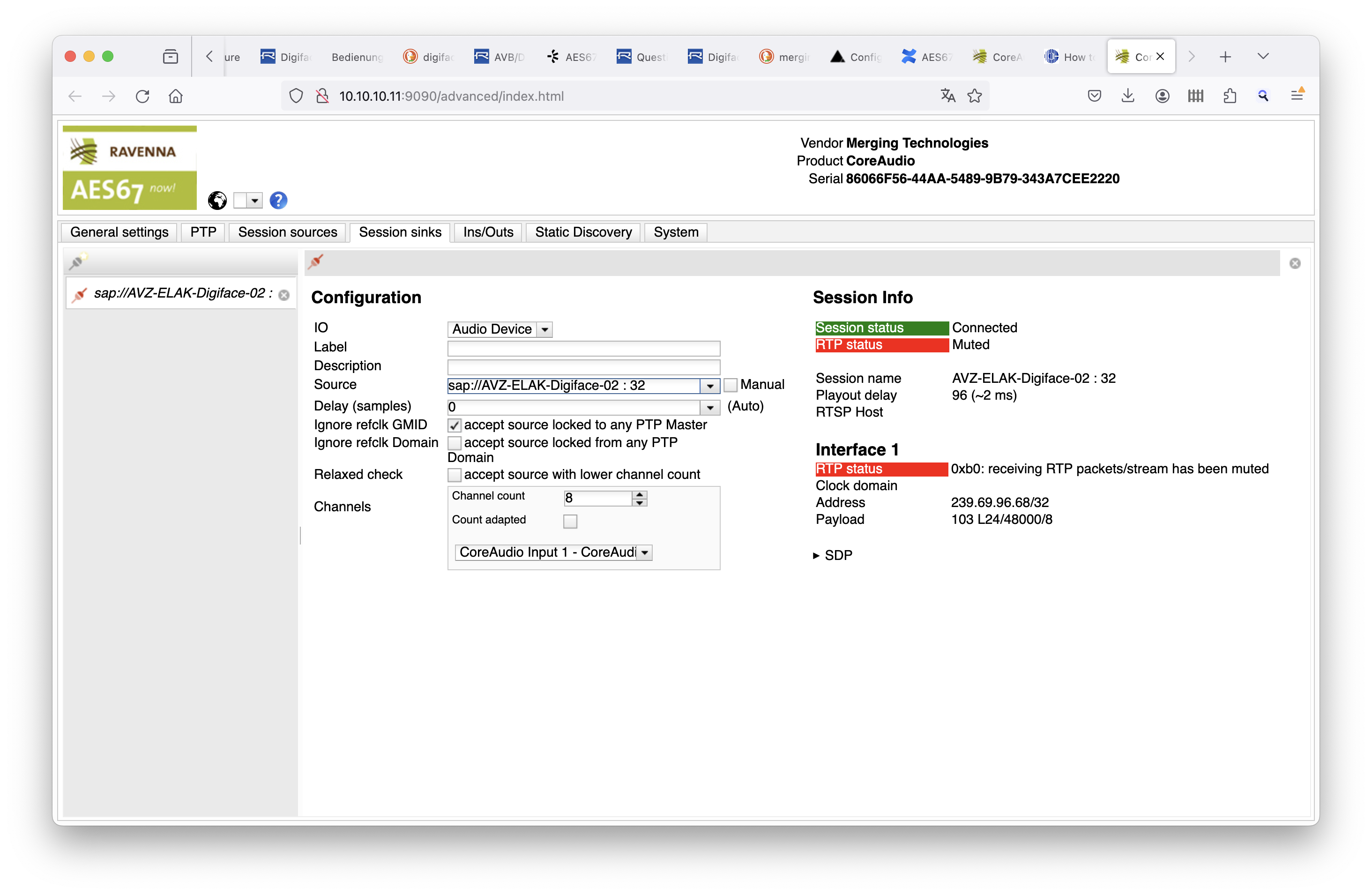 Merging AES67 sink muted