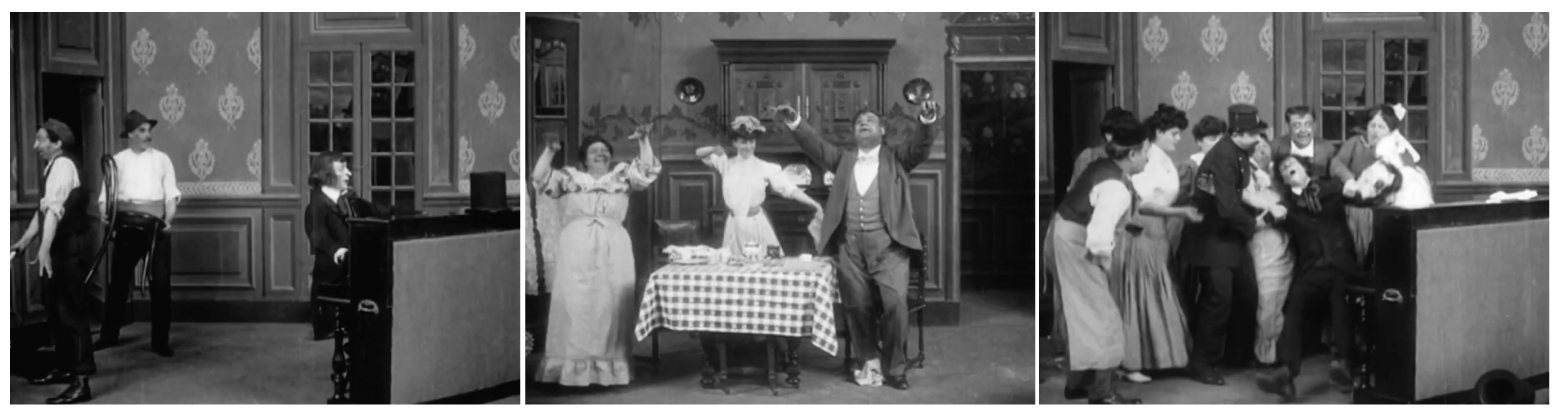 A collage of three grayscale images showing a group of people dancing and playing the piano.