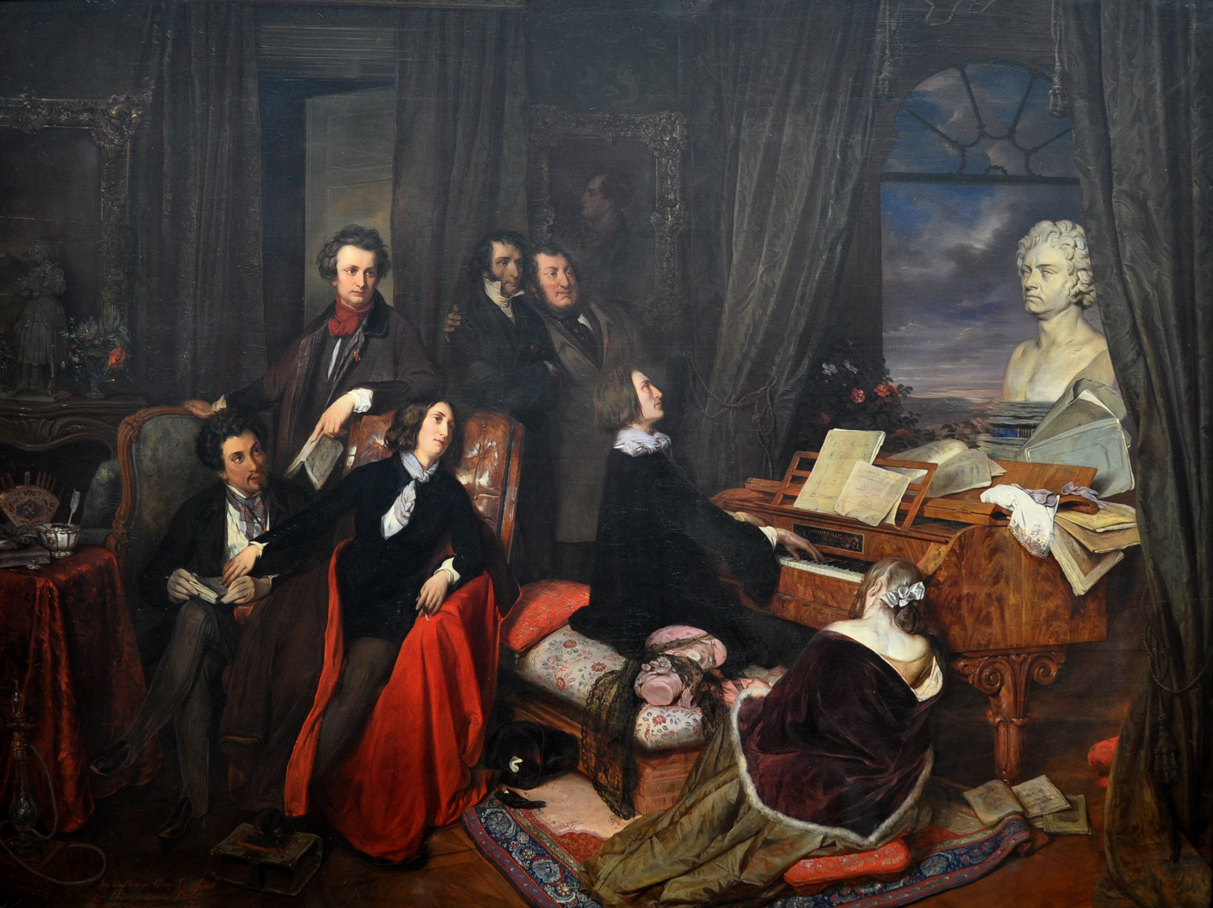 The pianist-composer Franz Liszt plays the piano, surrounded by other literary and musical celebrities. An oversized stone bust of Ludwig van Beethoven looks over them from a windowsill at right.
