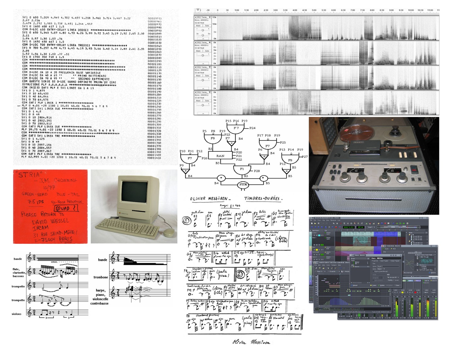 A collage showing computer code, audio waveform graphs, logic gate diagrams, a reel-to-reel tape machine, a vintage Mac, sheet music, a handwritten note, and digital audio software screens.