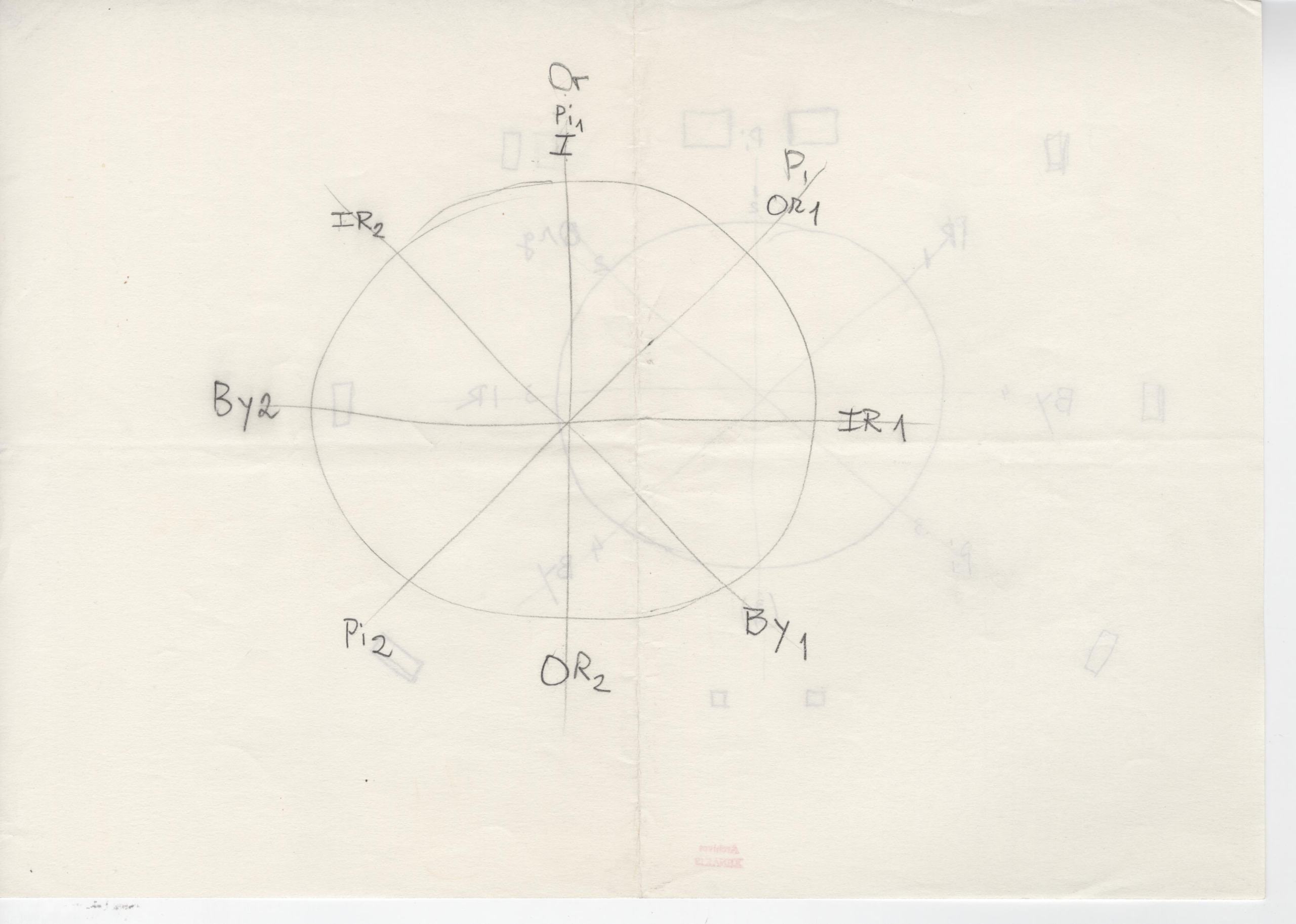 Hand-drawn diagram on paper showing a circle with intersecting lines and labeled segments, suggesting a scientific or mathematical design.