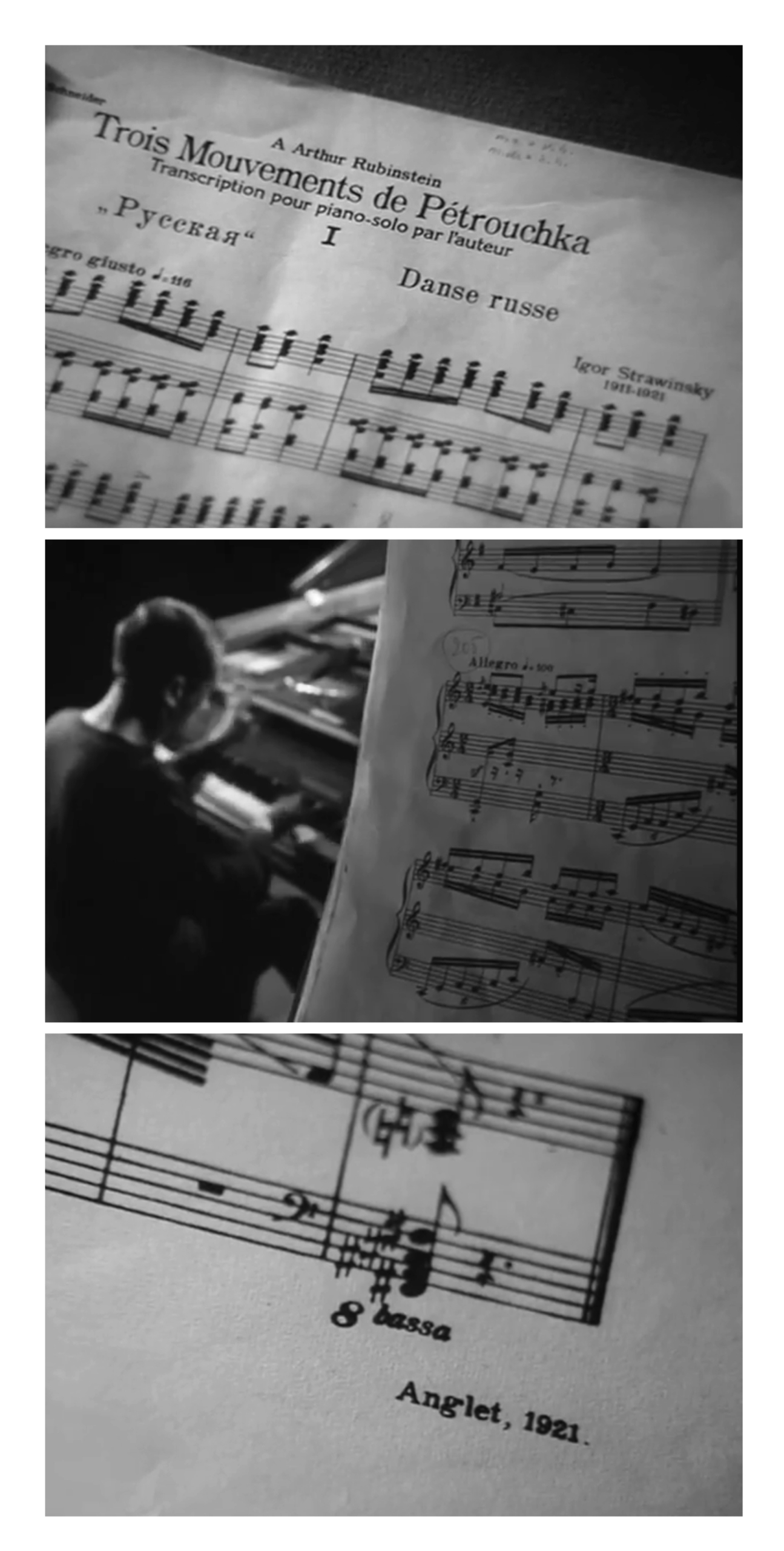 Three videostills show sheet music titled “Trois Mouvements de Pétrouchka” and a pianist playing.