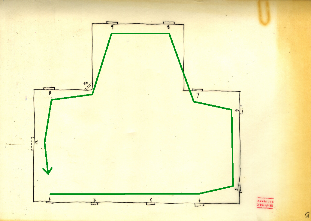 Hand-drawn diagram on yellowed paper with green geometric path inside a rectangular shape.