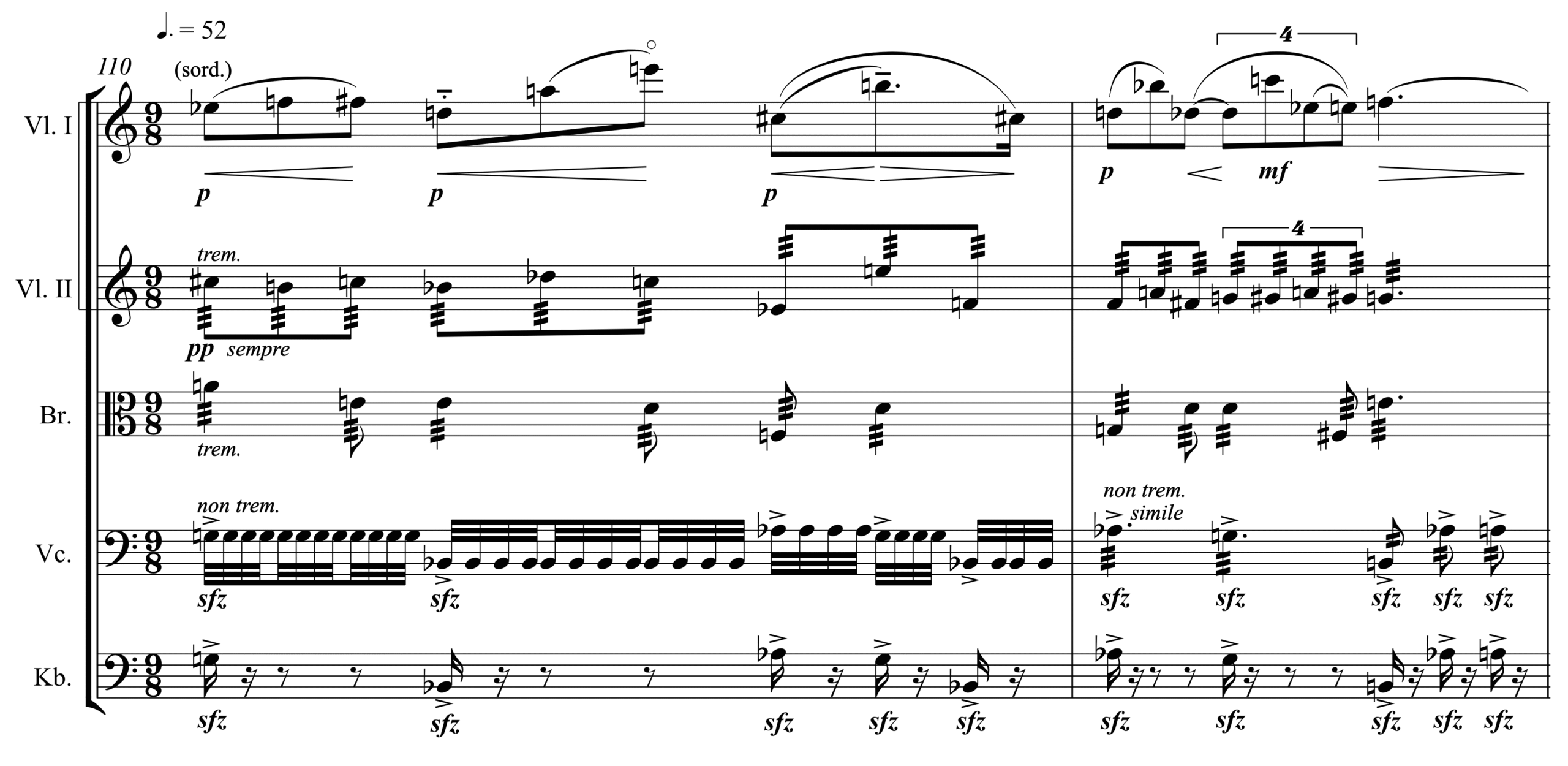 Sheet music excerpt for strings in 9/8 time.