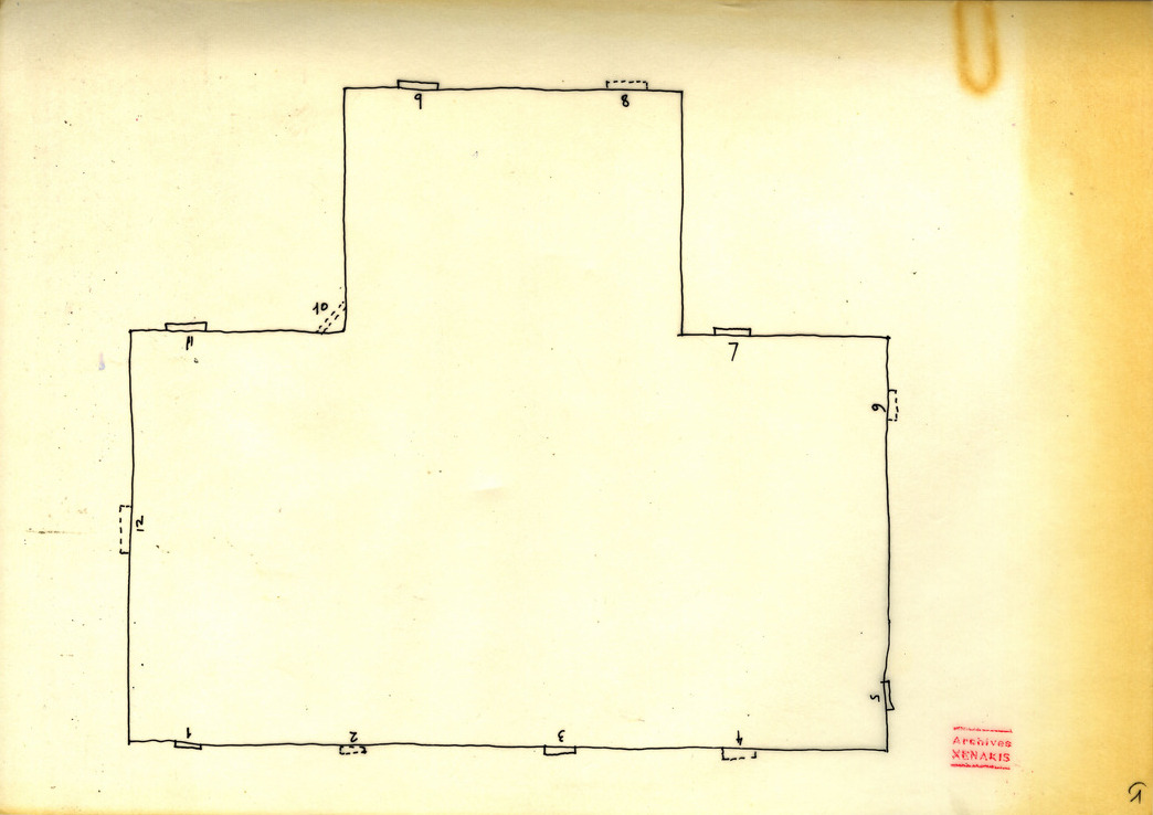 Simple hand-drawn architectural floor plan on aged paper, with irregular rectangular shape and numbered sections. Stamped 