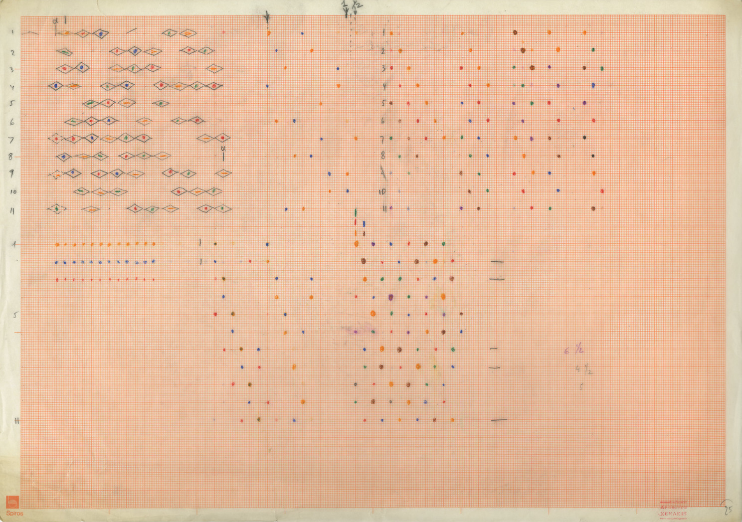 A large, vintage grid paper features colorful geometric patterns and dots, including diamonds and lines, with annotations.