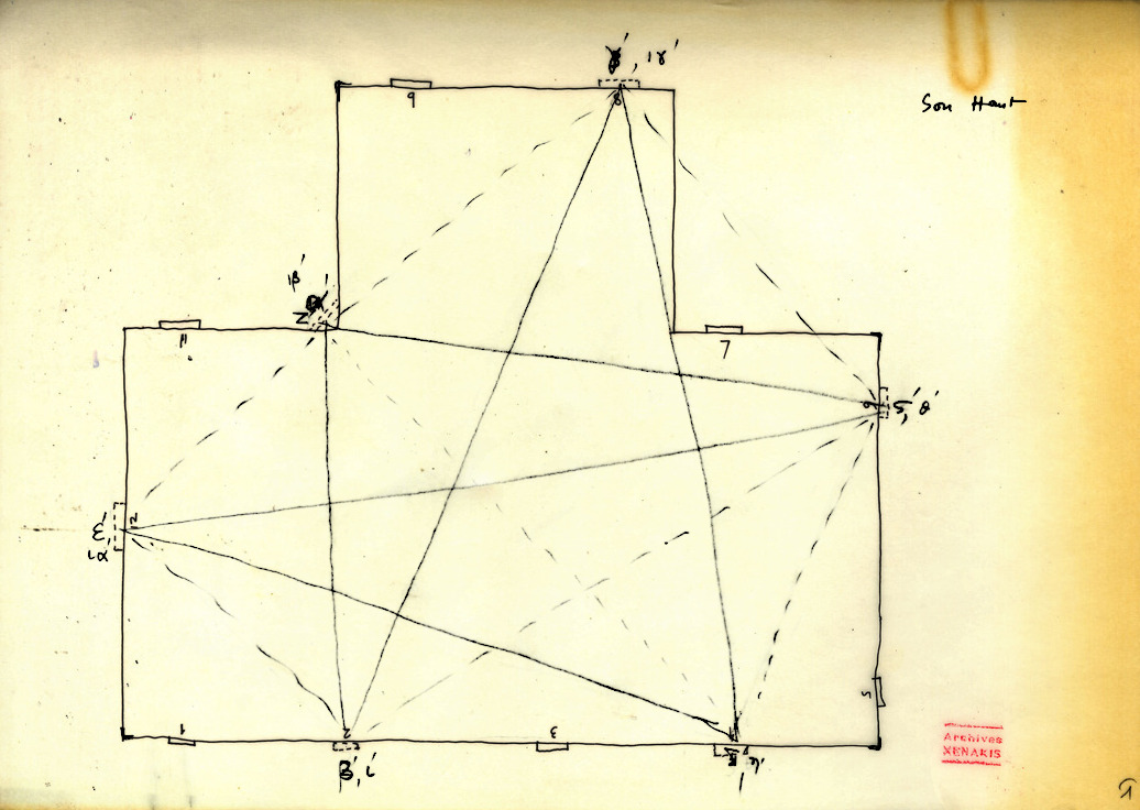 Hand-drawn geometric diagram on aged paper with intersecting lines and annotated points.