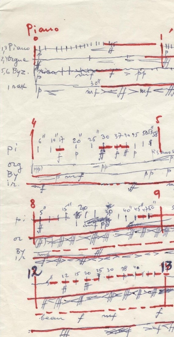 Handwritten musical manuscript with red and blue ink. Vertical measures, musical notations, and dynamic markings create a complex, organized layout.