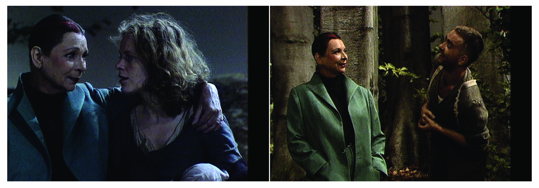 Two stills from a staged production. Left: a woman in a teal coat embraces another woman with curly hair in a dimly lit setting, suggesting intimacy or comfort. Right: the same woman in the teal coat stands in a forest-like environment, facing a man in rough clothing who gestures expressively.