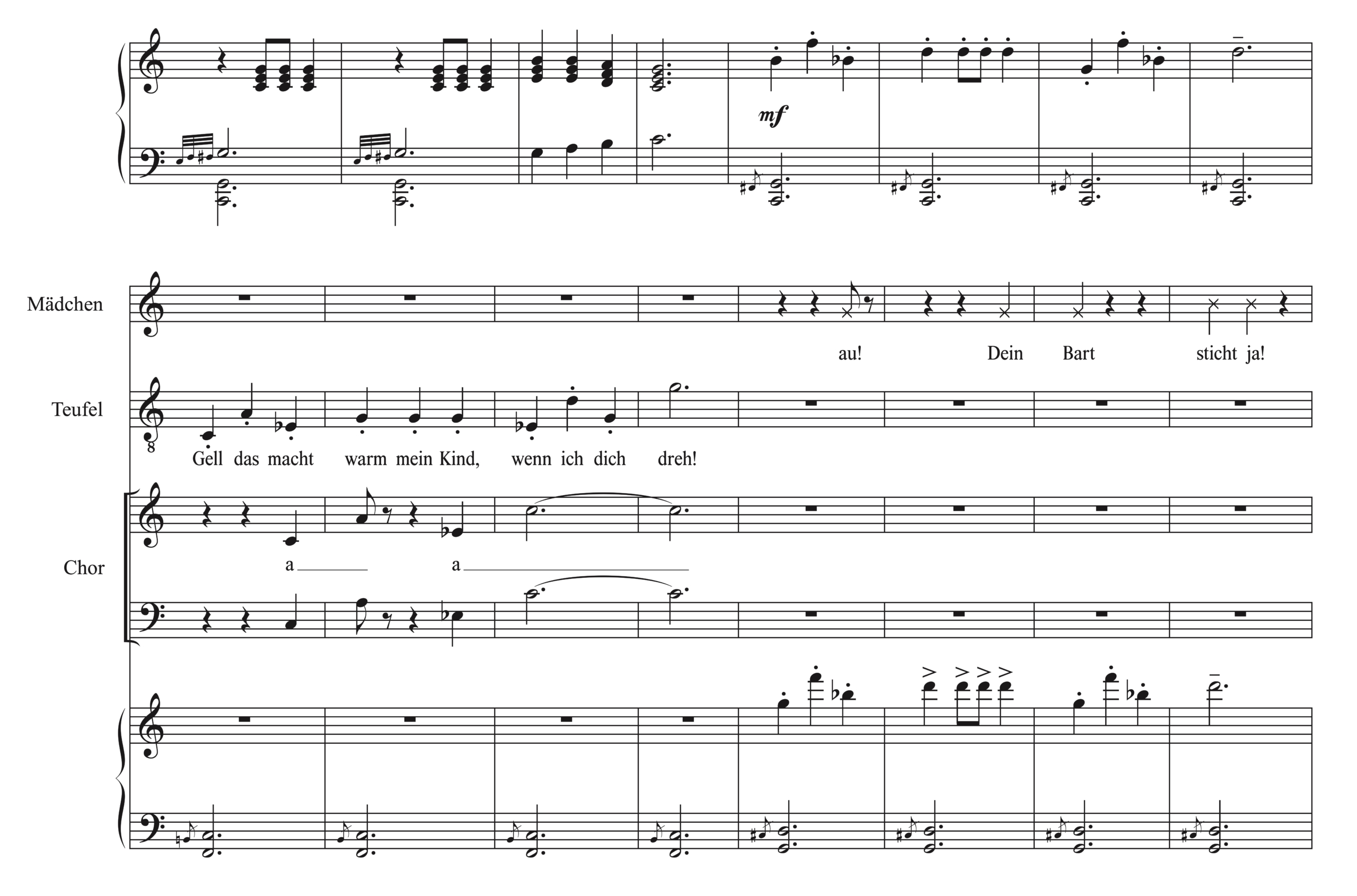 >A vocal score with parts for “Mädchen”, “Teufel”, and “Chor”. The girl complains that the devil’s beard is prickly; the devil responds with a suggestive line, and the chorus sings fragmented interjections.“ width=“2560″ height=“1690″ class=“alignnone size-full wp-image-6464″ /><br />
<span class=