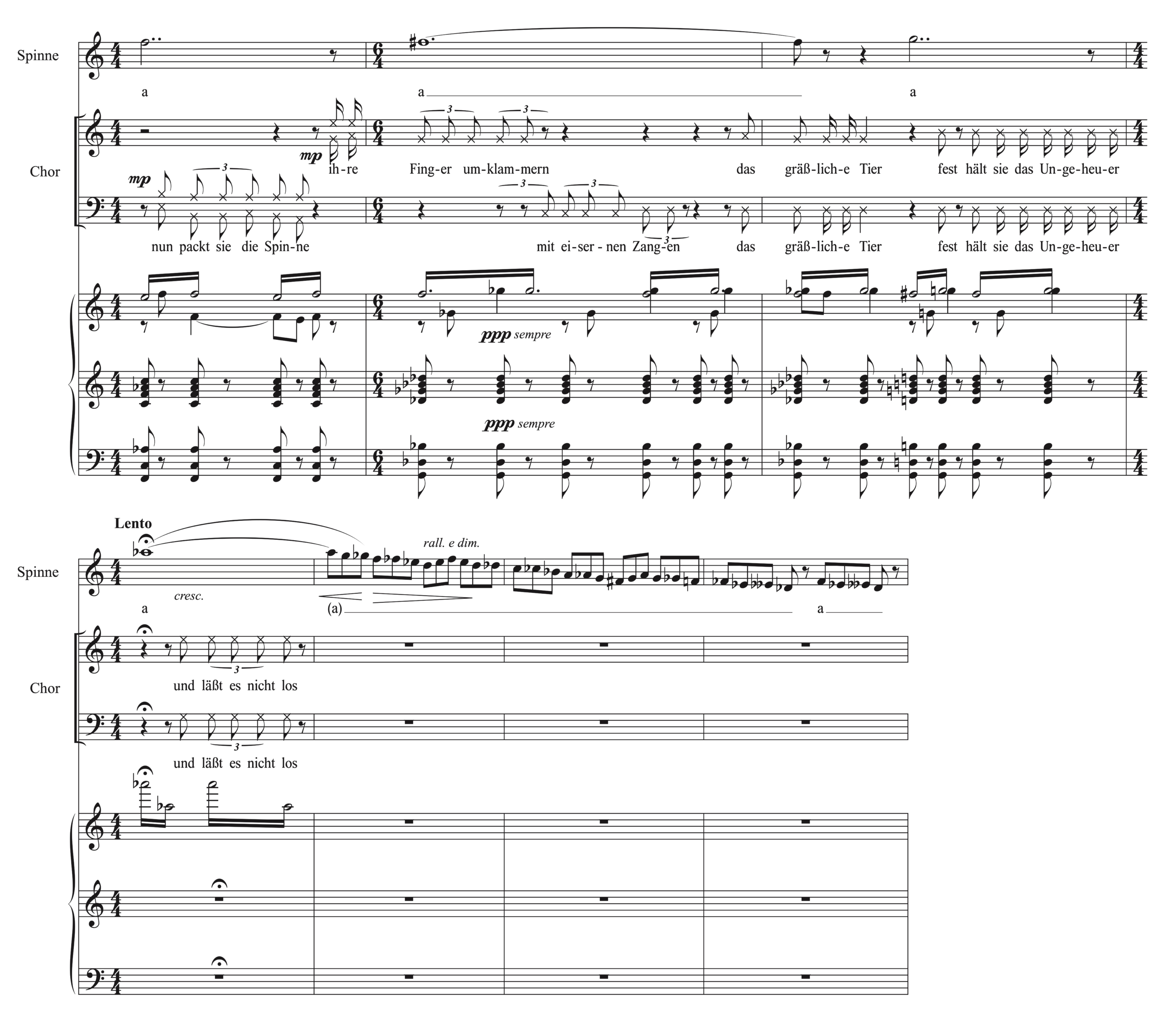 A complex vocal score for “Spinne” and “Chor”. The chorus describes a spider capturing a monstrous creature with iron tongs. The spider sings a tense, ornamented melodic line.