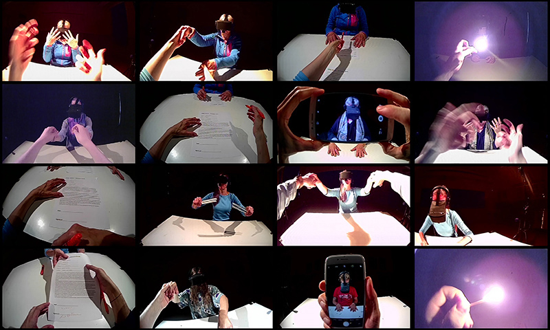 Collage of 16 images showing hands interacting with a document, a person gesturing, and a smartphone capturing the scene.