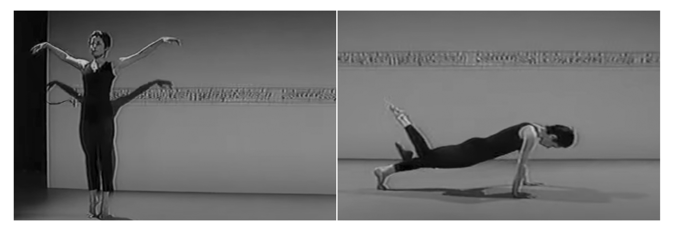 Black and white images of a person in a fitted jumpsuit performing modern dance moves. On the left, arms extended gracefully; on the right, in a plank pose.