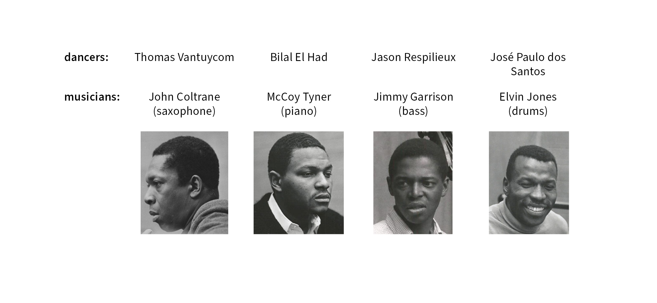 Dancers and musicians are listed. Images of musicians John Coltrane, McCoy Tyner, Jimmy Garrison, and Elvin Jones are shown, capturing thoughtful expressions.