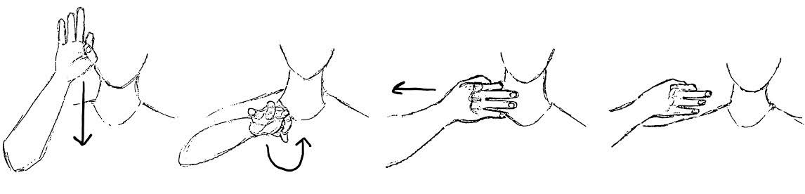 A series of four drawings of a human figure shown from the chin to the chest, including the right forearm and hand which produce different gestures.