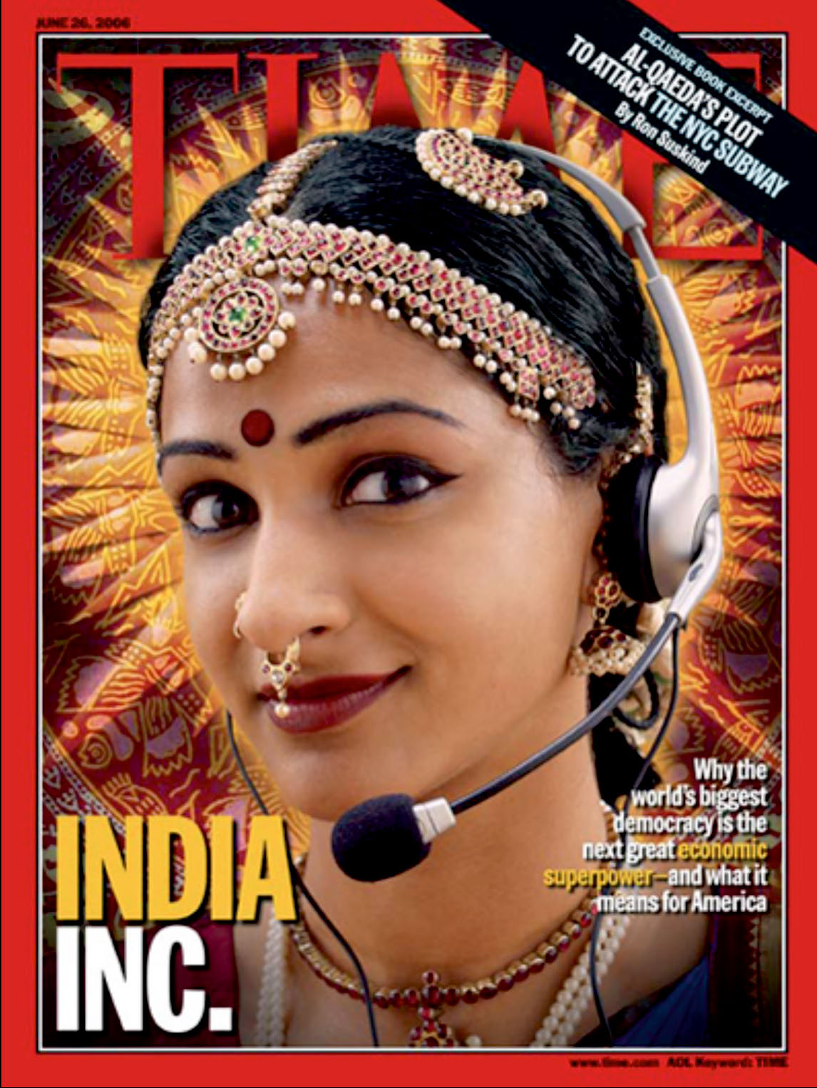 Cover of the Time Magazine showing a portrait of a person with traditional female Indian jewelry and a headset. The lettering reads 