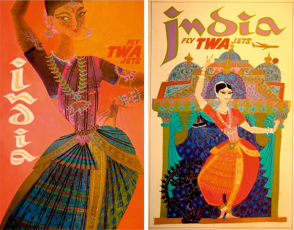 Two colorful poster paintings with a dancing figure each, in traditional female Indian dress, one in front of a temple. The lettering on both posters reads 