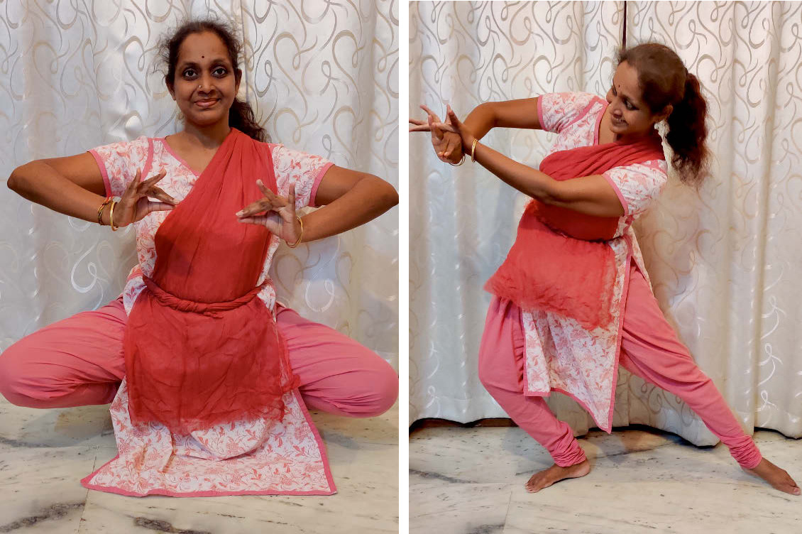 Two fotos of a person in traditional female Indian dress, showing two positions from traditional Indian dance.