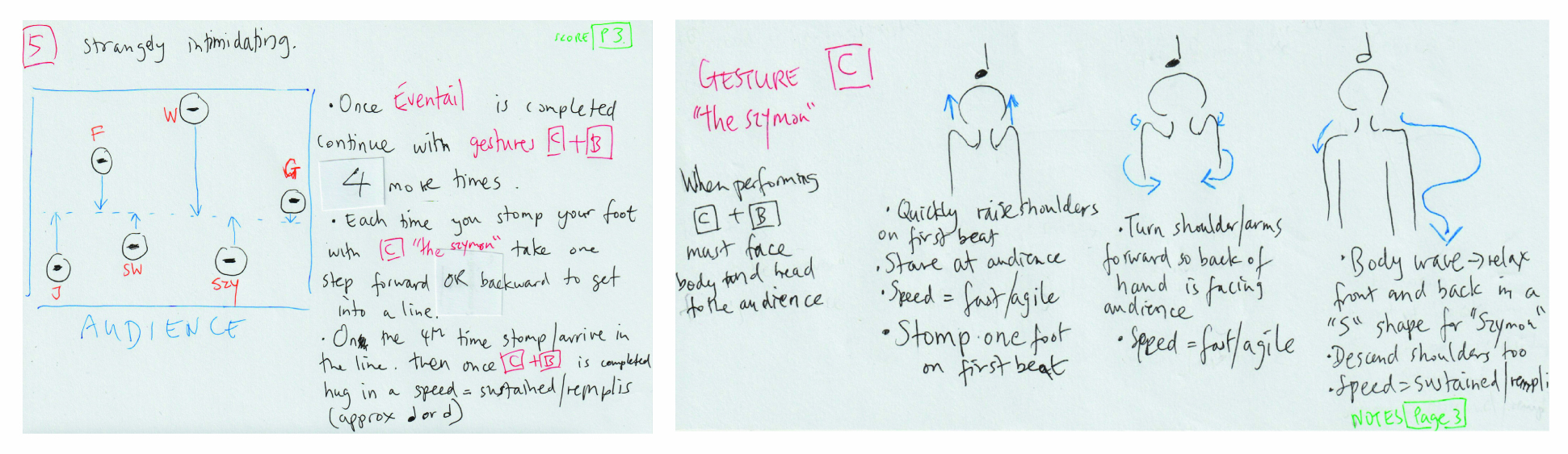 Handwritten choreography notes on white paper. Left: diagram showing audience and performers' movements with annotated steps. Right: instructions for gestures, including shoulder raises and body waves.
