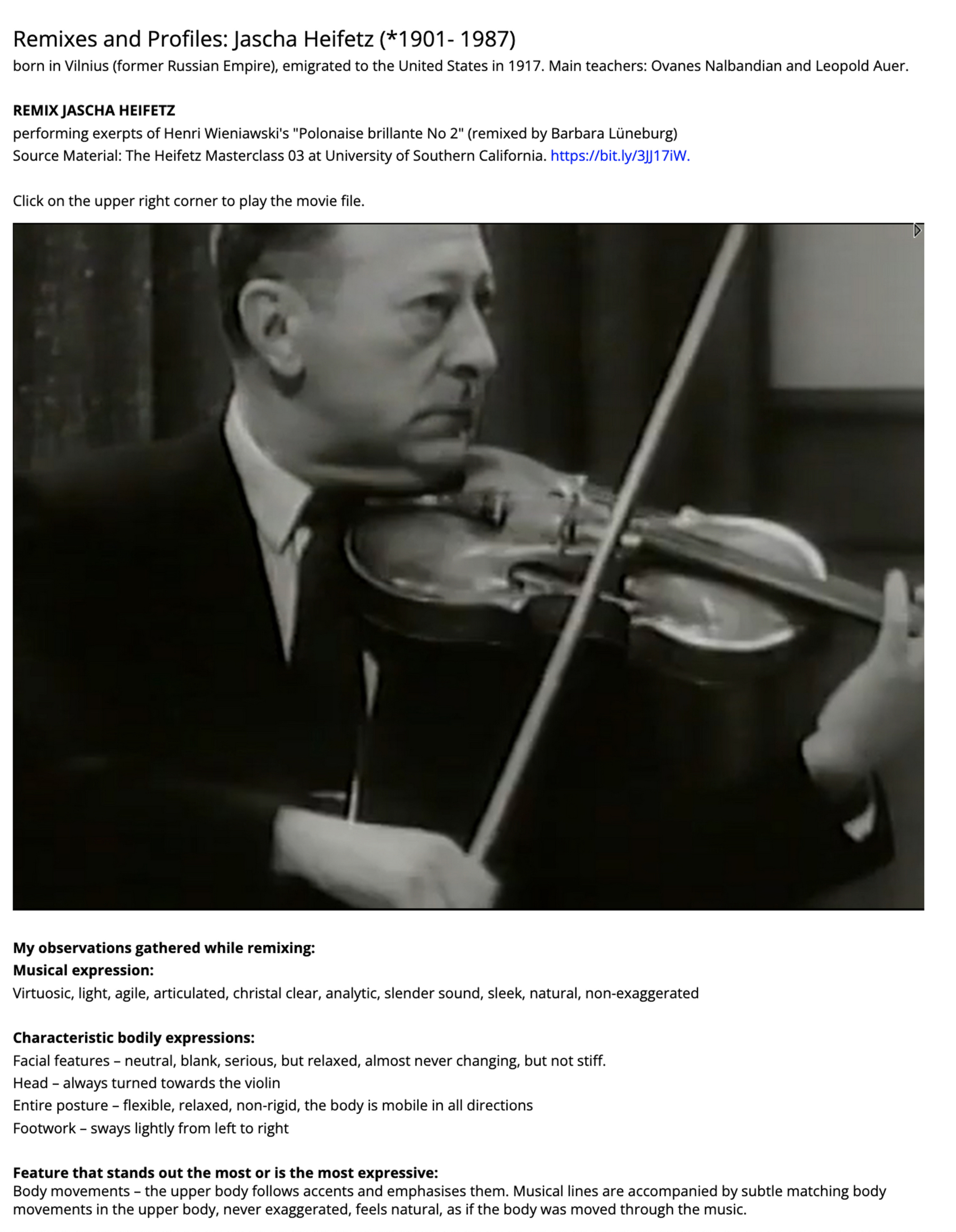 A web page shows a black-and-white image of a violinist performing. The surrounding text is titled