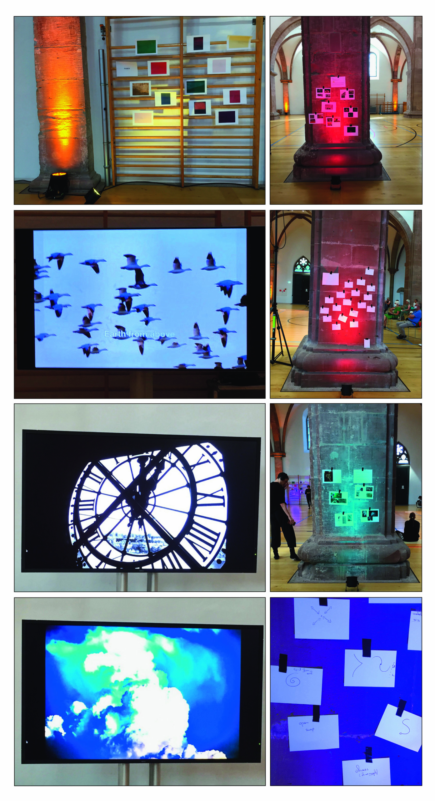 Collage of exhibition scenes: artworks on gym bars, projected images of birds and clock, colorful lighting on stone columns, and people seated.