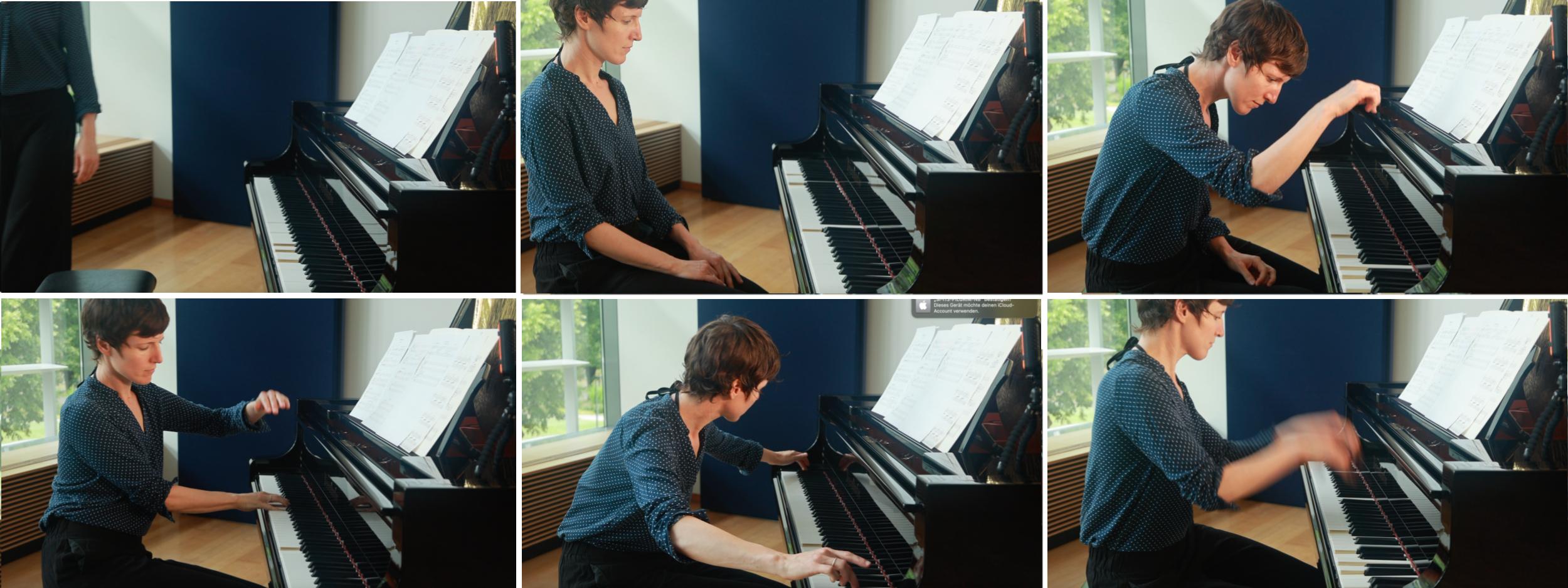 A person in a blue shirt plays the piano, showcasing concentration and movement. The room is bright, with sheet music open and a window view in the background.