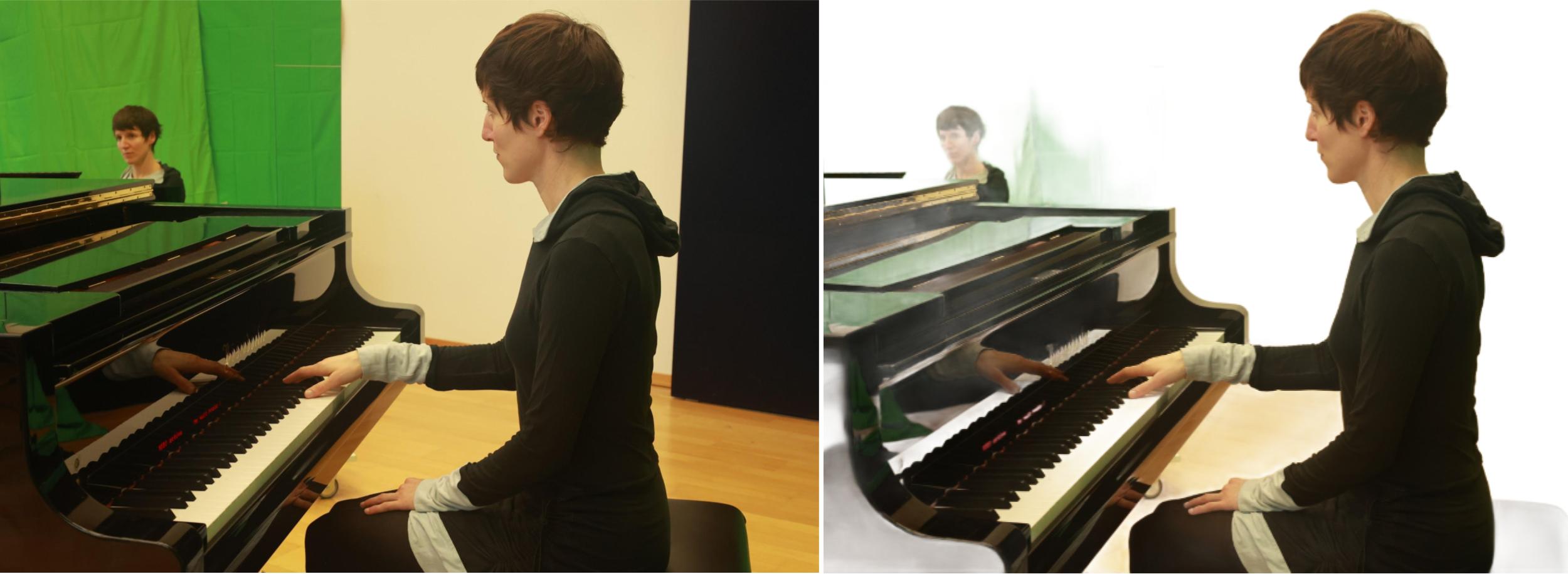 A person plays the piano in side profile, seated at a grand piano. The background changes from green screen to white.