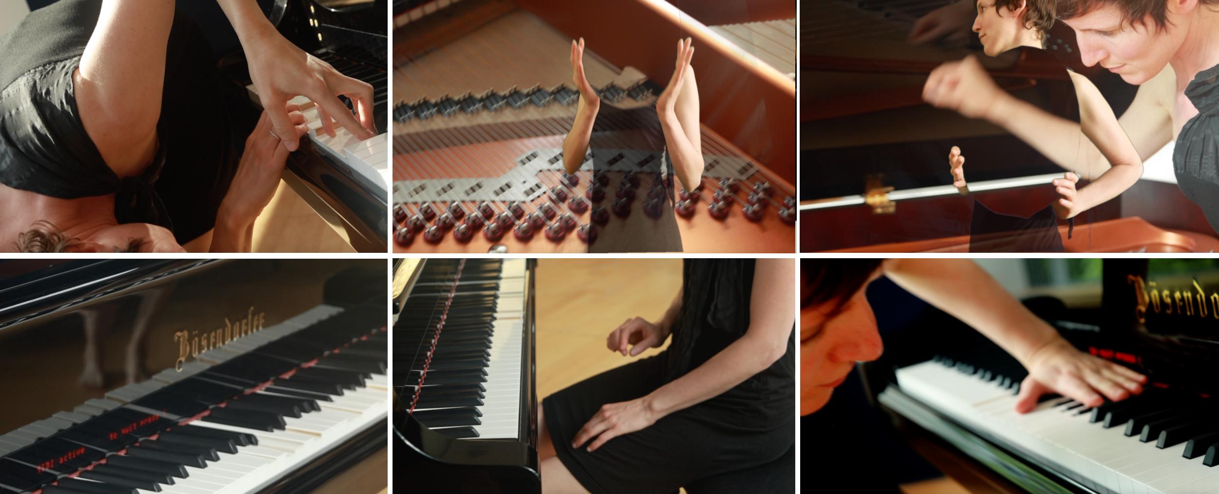 Collage of intense piano playing moments; hands striking keys and inside strings, a woman leaning and focused, capturing passion and musical precision.