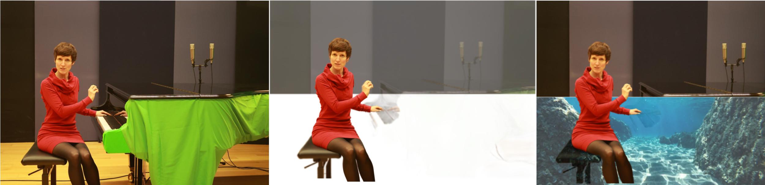 Three images show a woman in red against changing backgrounds: a green cloth, white, and an underwater scene. She gestures dynamically, suggesting movement.