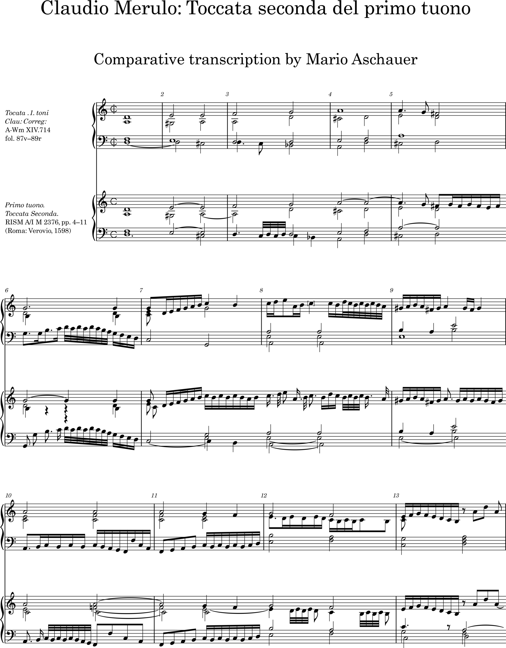 Nine pages containing a comparison of printed keyboard sheet music titled “Toccata. I. toni” and “Primo tuono. Toccata Seconda.” The notation shows complex polyphonic passages with flowing sixteenth-note runs and counterpoint, typical of late Renaissance or early Baroque compositions.