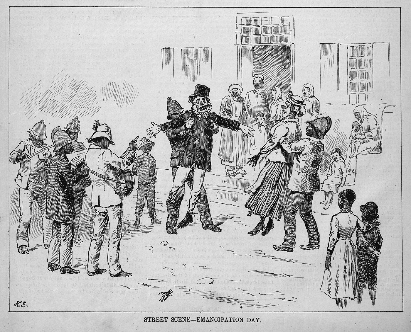 Eine Schwarzweißzeichnung zeigt eine Straßenszene, in der zwei kostümierte Leute zwei lebensgroße Puppen mit Gesichtsmasken hochhalten und von anderen Leuten umringt werden.