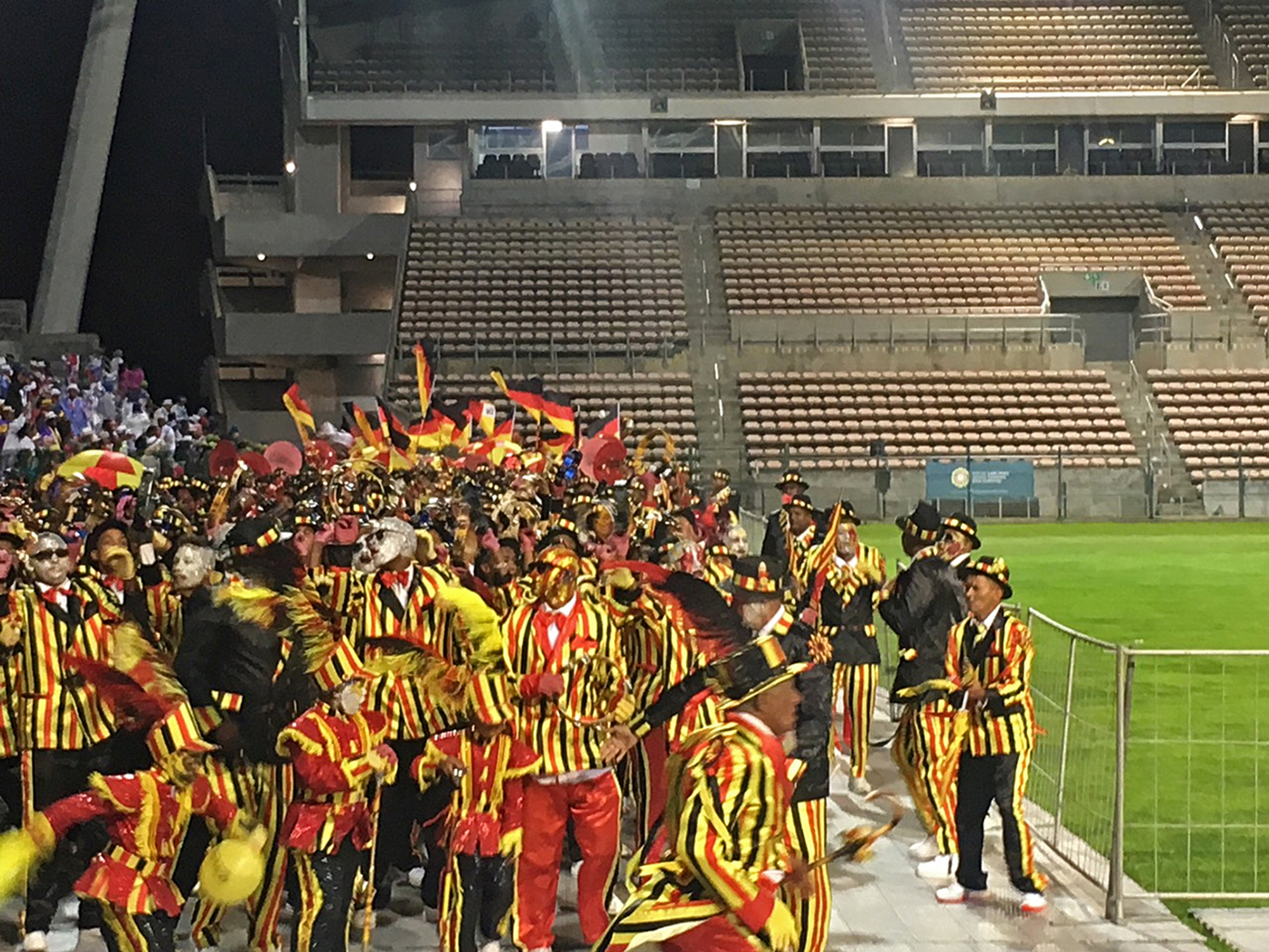 Ein Farbfoto zeigt tanzende Leute in einem Stadion; sie tragen schwarz-rot-goldene Kostüme und schwenken scharz-rot-goldene Fahnen.