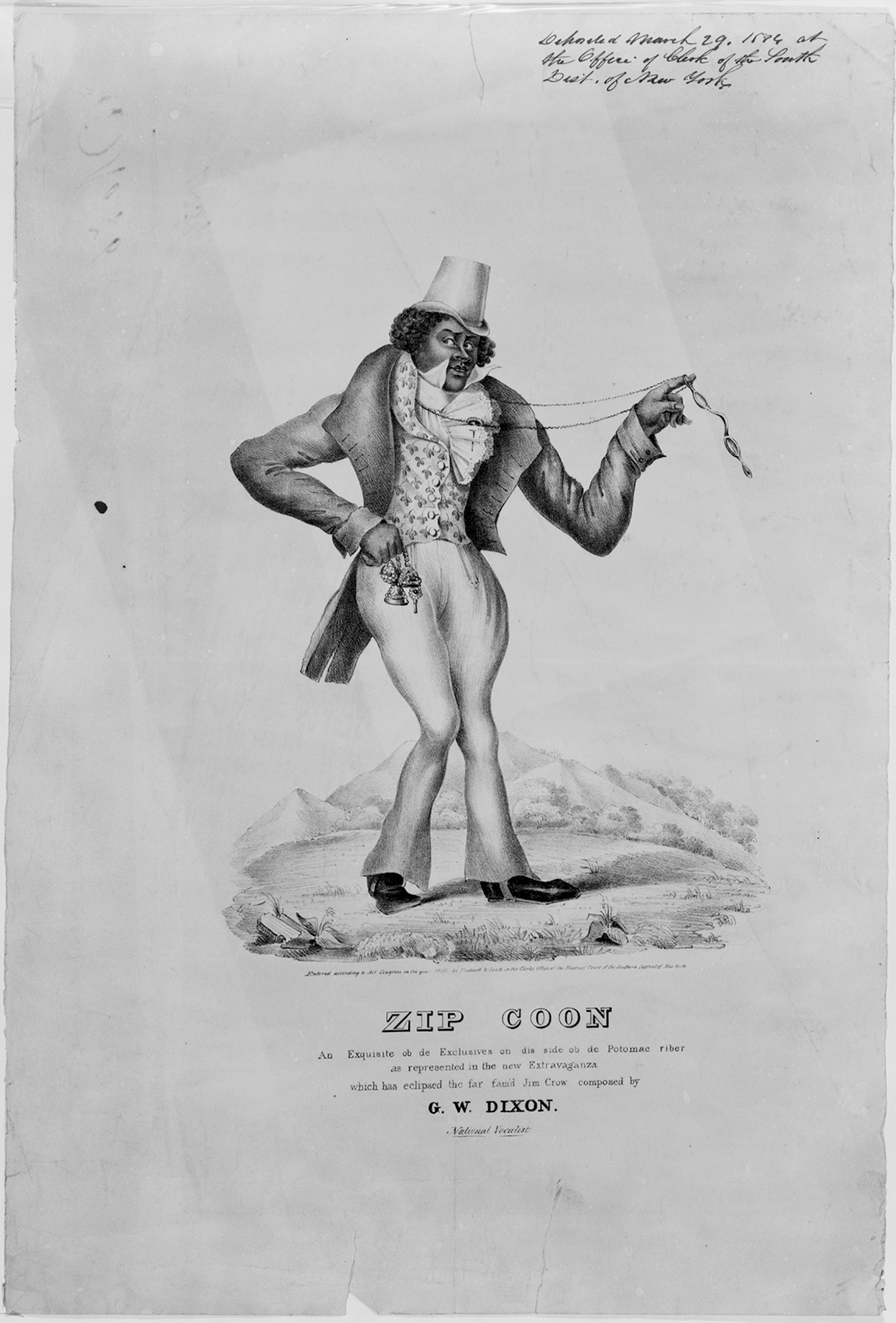 Eine Schwarzweißzeichnung zeigt eine dandyhaft gekleidete Figur im Gehrock, die mit Zylinder, Gehstock und Kette posiert.