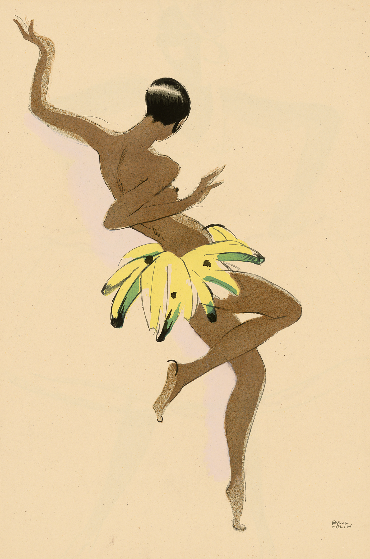 Eine Lithografie zeigt eine bis auf einen Bananenrock unbekleidete Frau von schräg hinten. Sie tanzt mit erhobenen Armen und angewinkeltem Bein auf einer Zehenspitze.