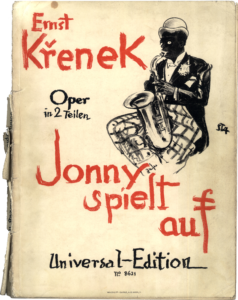 Das Titelblatt der Partitur von Ernst Kreneks Jonny spielt auf zeigt die Illustration eines Saxophonisten mit karierter Hose.