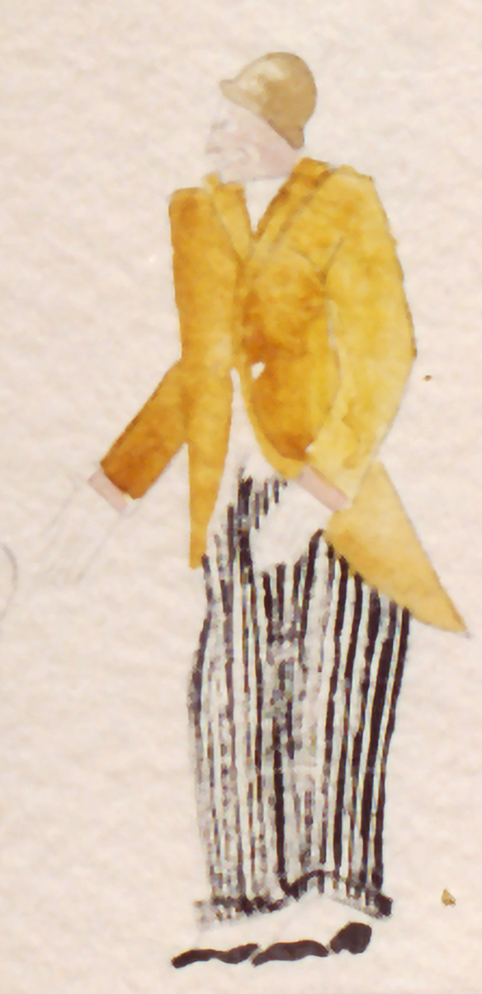 Eine Aquarellskizze zeigt eine stehende Figur in gelbem Long-Tail-Jackett, Hut und schwarz-weiß gestreifter Hose.