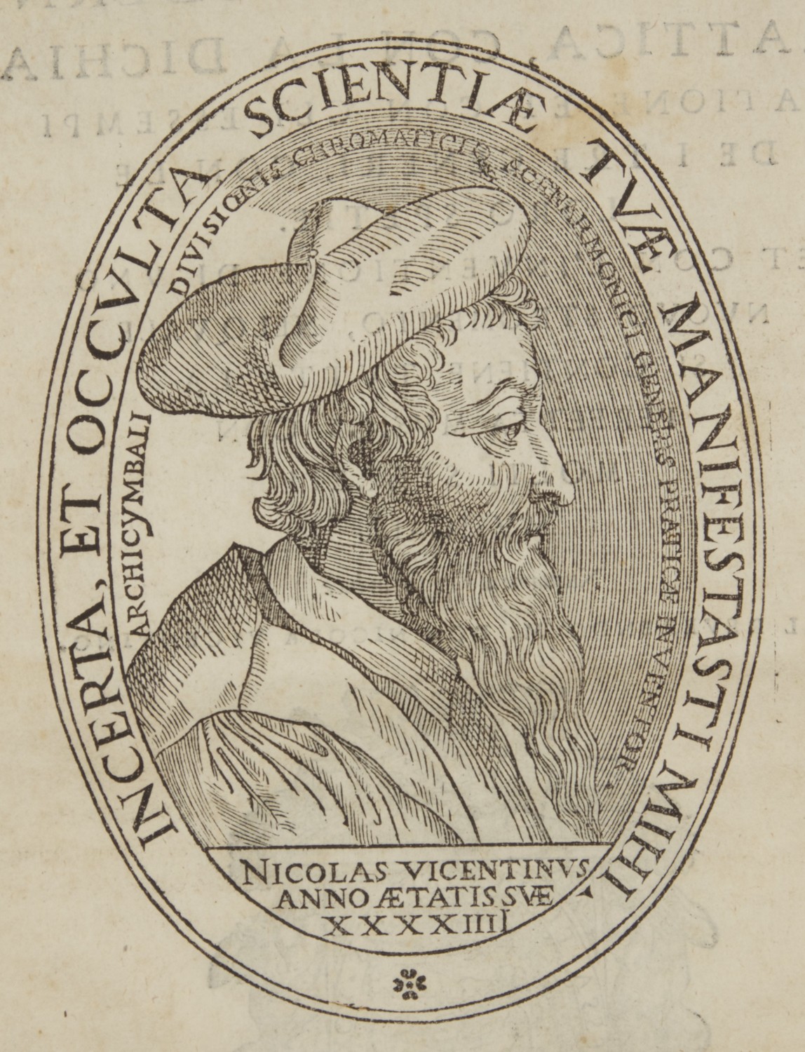Engraved portrait of Nicola Vicentino in profile, wearing a cap and robes, surrounded by a Latin inscription. The lower text reads “Nicolas Vicentinus anno aetatis suae XXXIIII.”