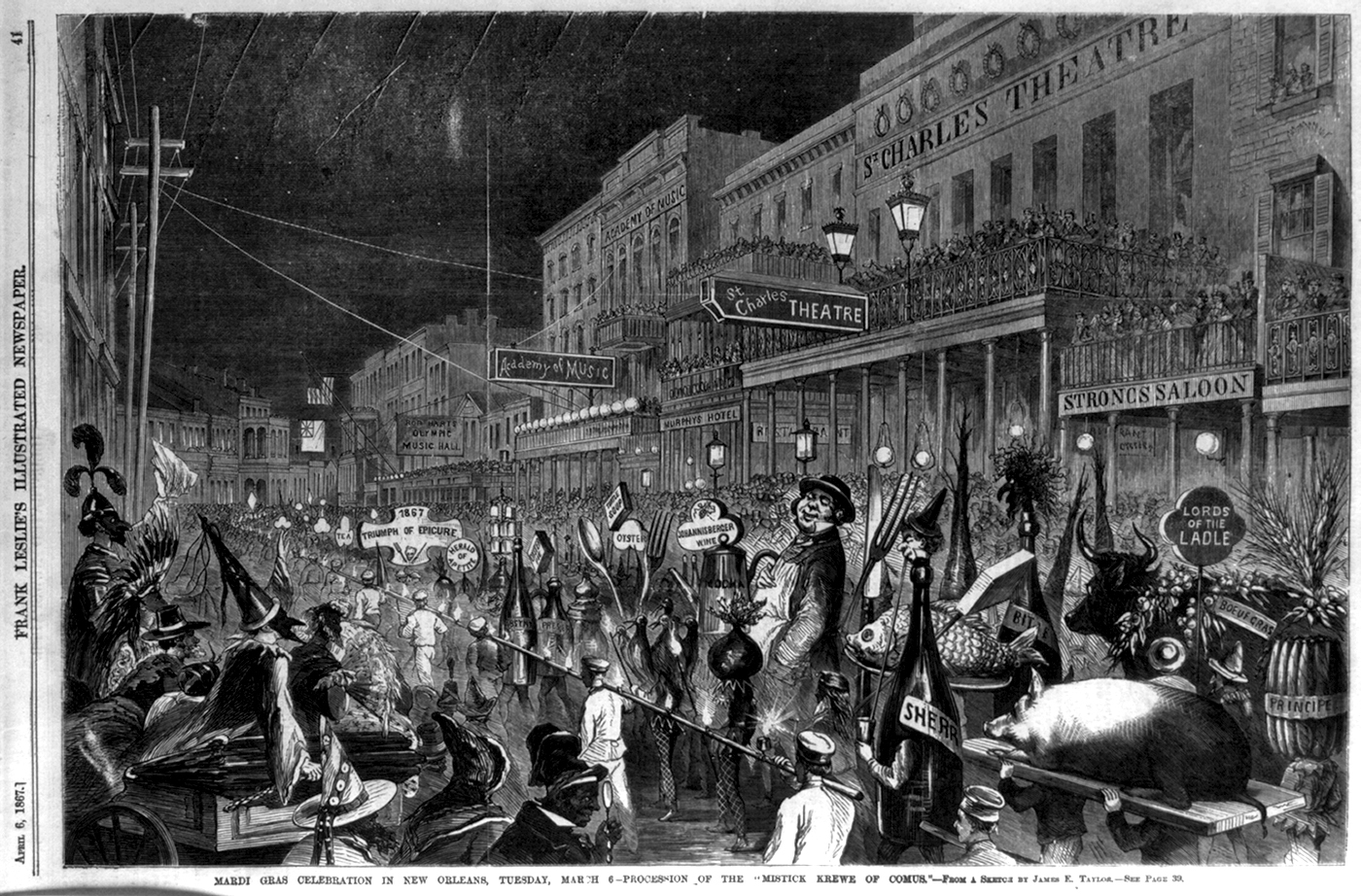 A drawn black-and-white newspaper image shows a nighttime parade of costumed people, separated from the spectators.