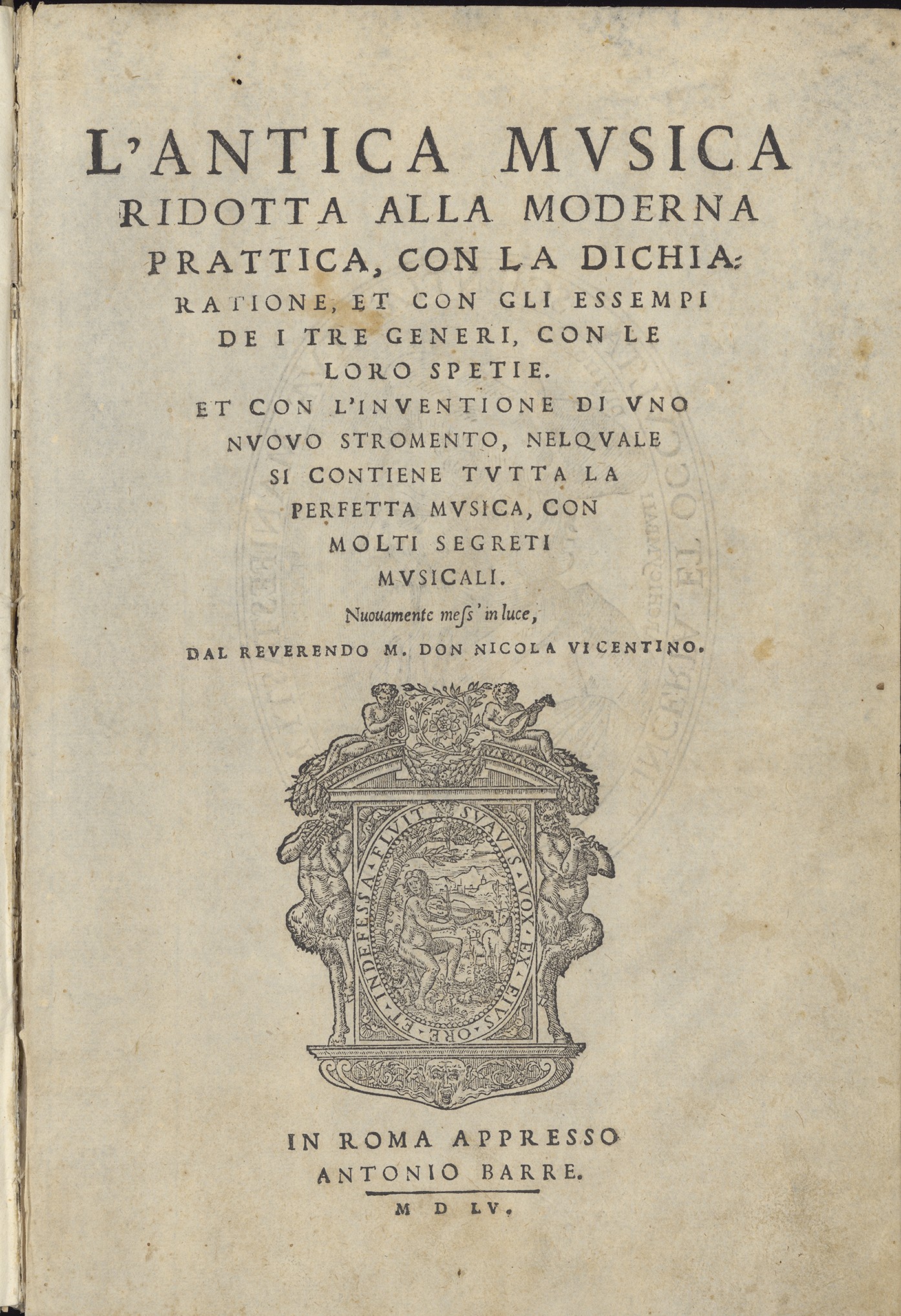 A page of an Italian printed document from 1561, published in Venice by Nicolo Bevil’acqua. The text discusses Niccolò Vicentino’s invention of the Archicembalo, a microtonal keyboard instrument.