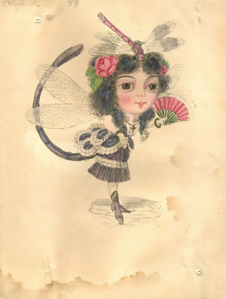 A colored watercolor shows a feminized figure with flowers in her hair, a fan in her hand, insect-like wings, and a stinger.