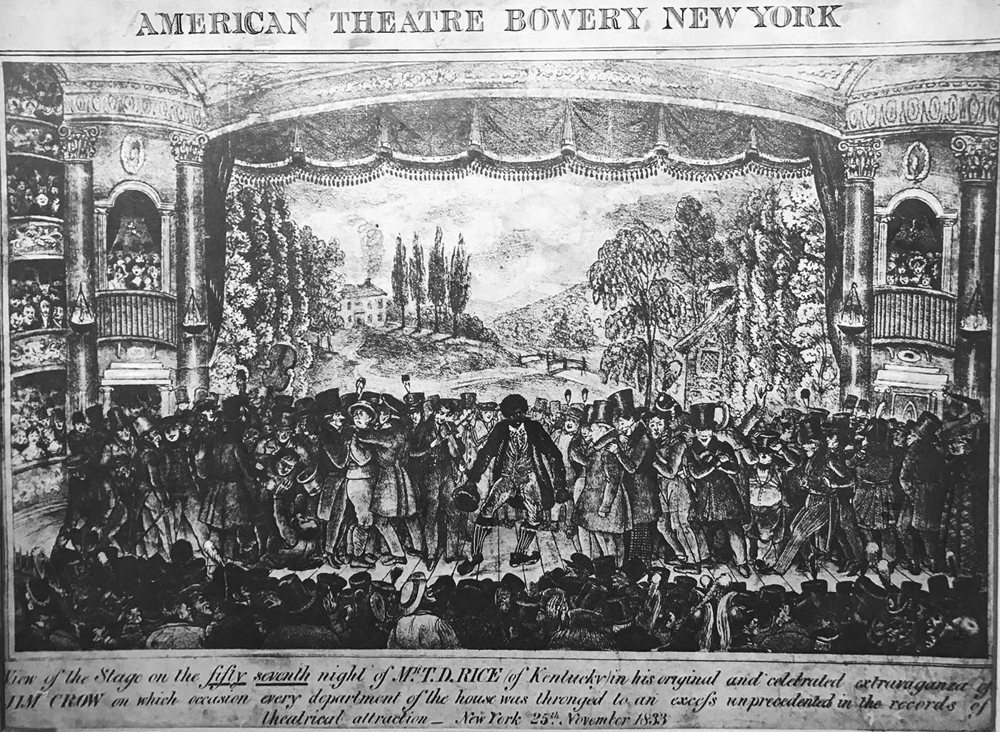 A black-and-white newspaper illustration titled “American Theatre Bowery New York” shows a stage scene with a central figure in blackface dancing, surrounded by the audience on stage.