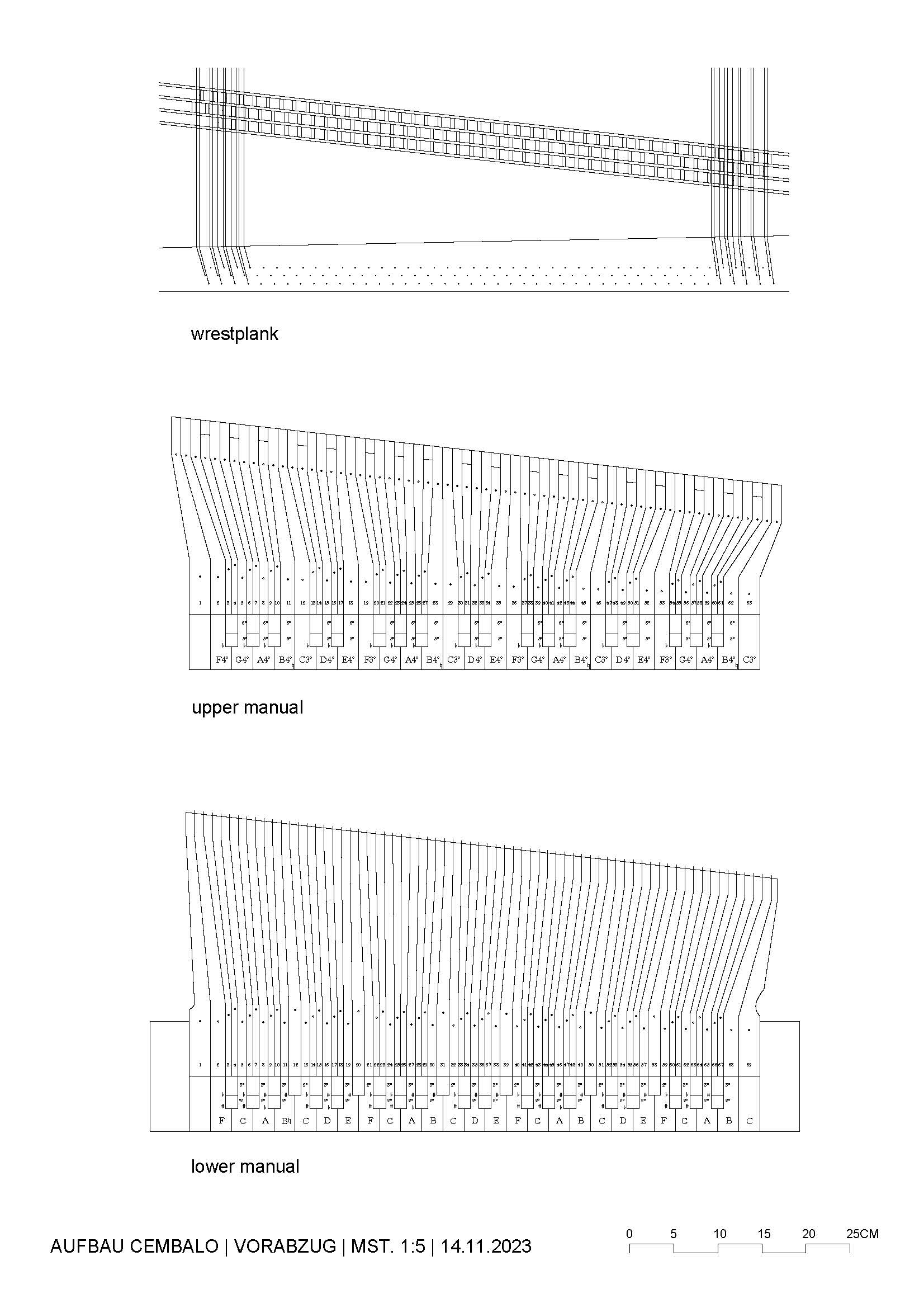 Technical drawing showing the structure of a harpsichord keyboard with labelled keys and pitch notation in flats and sharps. Includes sections marked “lower manual,” “upper manual,” and “wrestplank,” along with measurement scales.