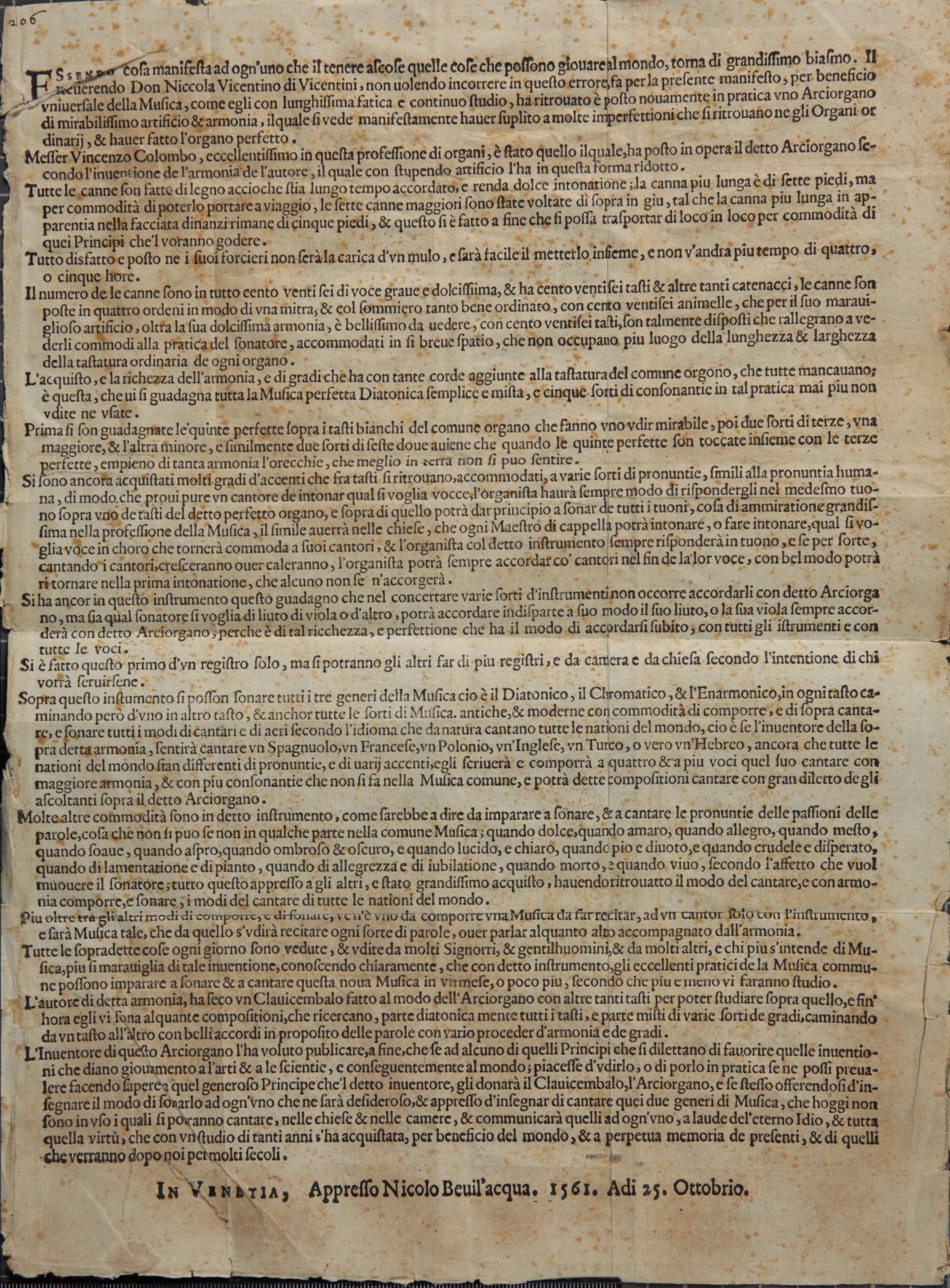 Printed Italian broadsheet from 1561 announcing Nicola Vicentino’s Arciorgano. The text, arranged in a single dense column, describes the instrument’s construction, tuning, and expressive capabilities. The document was printed in Venice by Nicolo Bevil’acqua, as indicated at the bottom line, and shows signs of age such as foxing, creases, and minor edge wear.